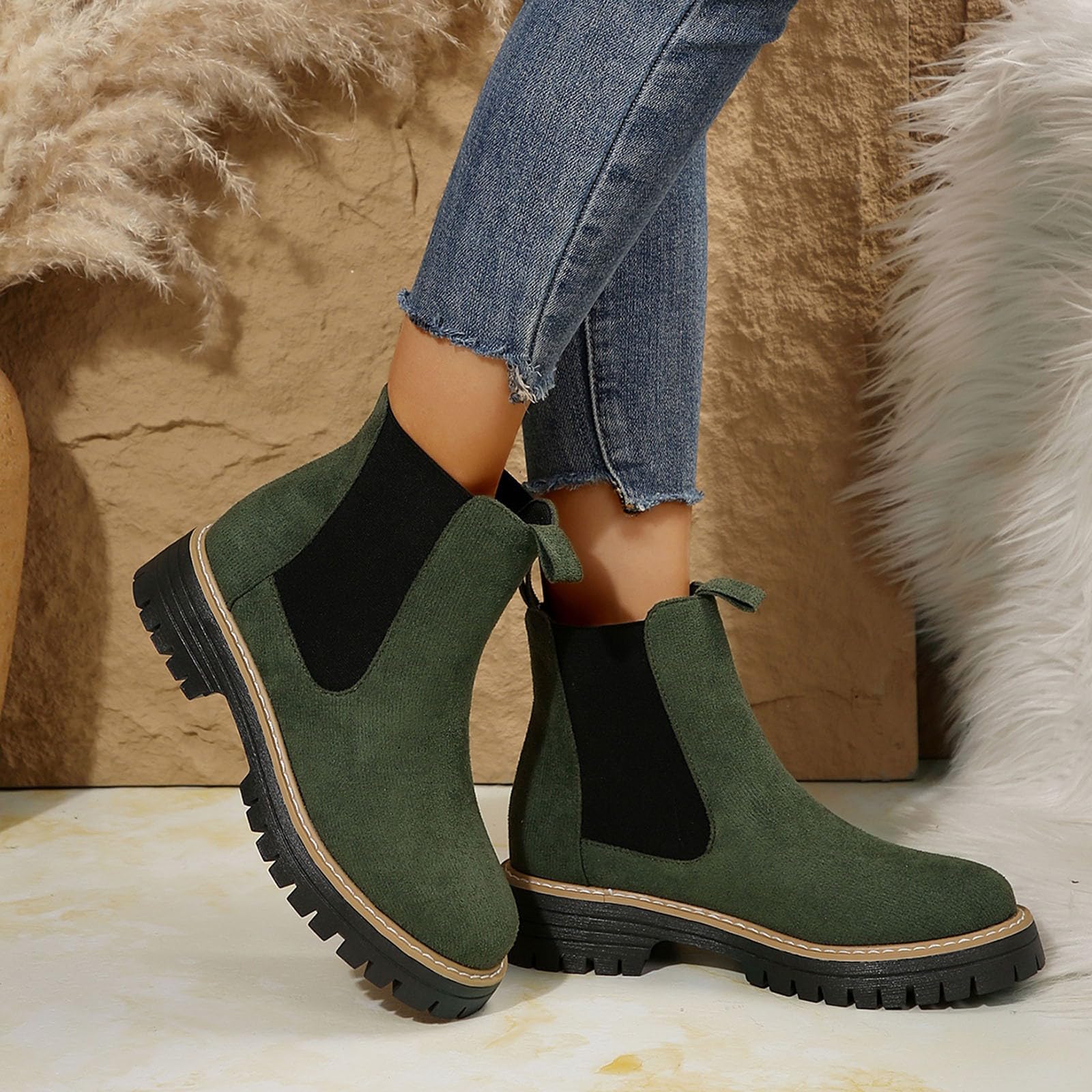 Petite - Botines de gamuza para mujer, de moda, estilo Chelsea, para invierno, hasta la rodilla, tacón de bloque, para días lluviosos, viajes, oficina, por encima de la rodilla, verde oscuro, 39.5 EU