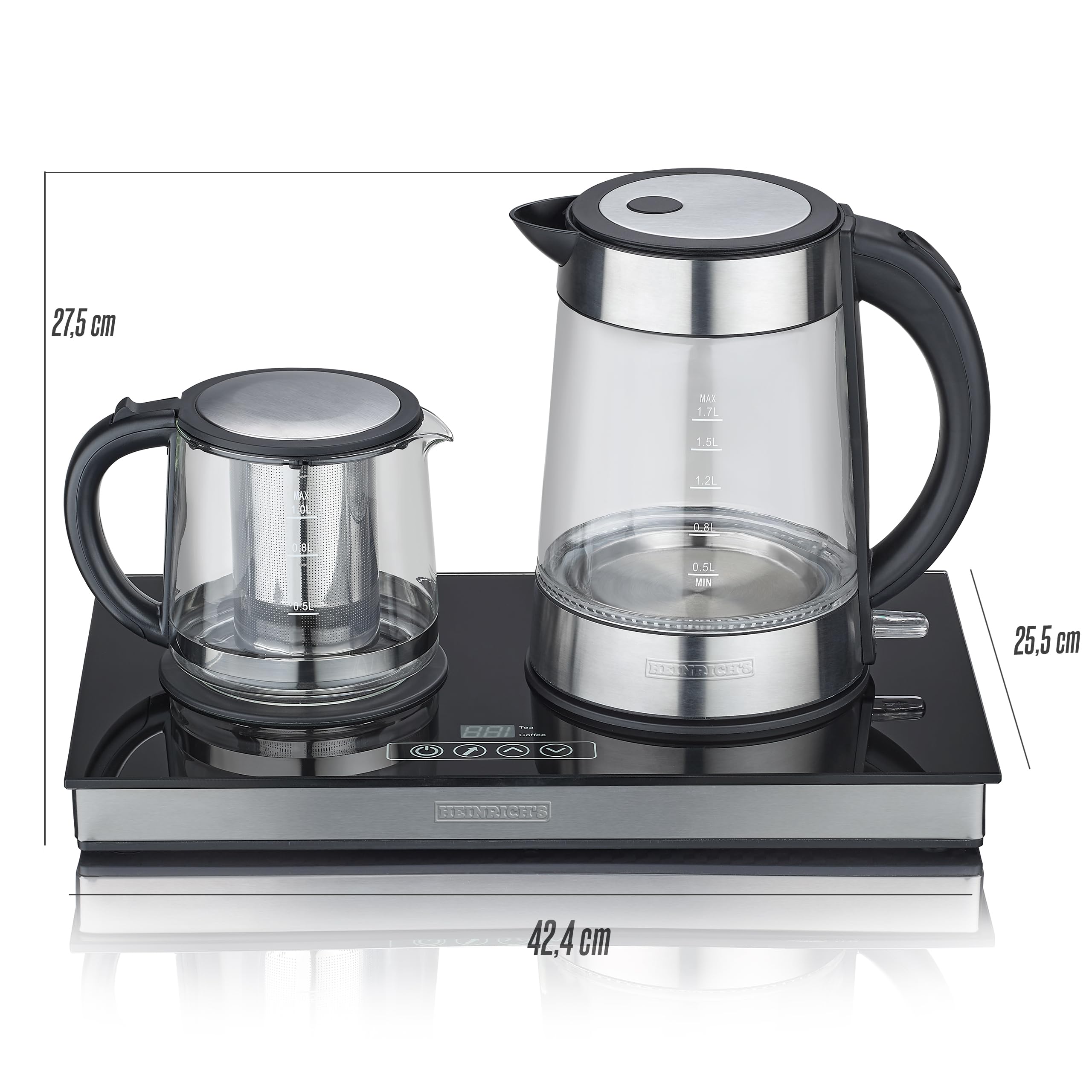 HEINRICHS Teestation, Tee-und Kaffeestation, Wasserkocher 1,7L und Teekanne 1L mit Edelstahlfilter, Basis mit LED Display und Sensor-Touchbedienung, LED Beleuchtung, Warmhalteplatte, 2200 W Heinrich´s