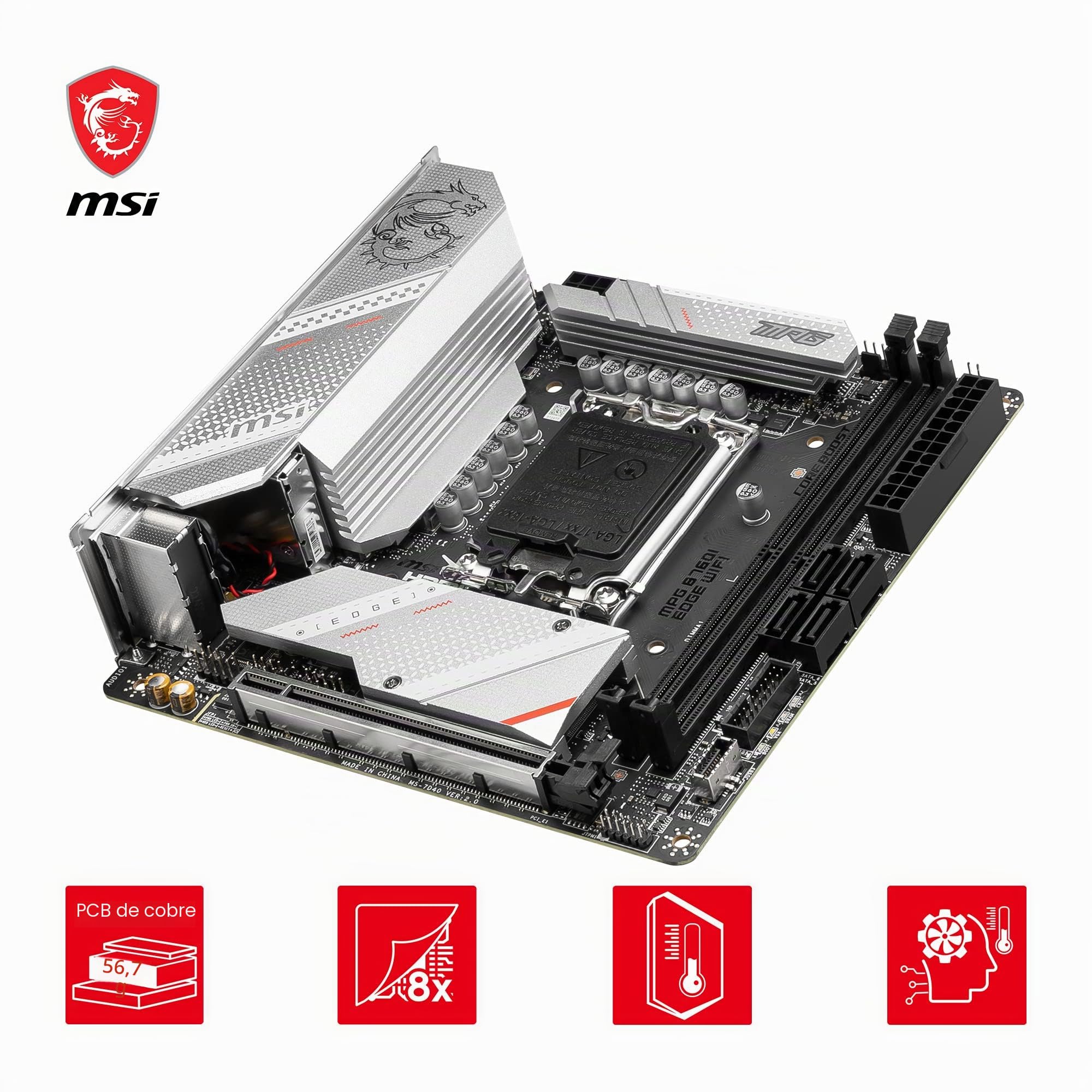 MSI MPG B760I Edge WiFi, Mini-ITX - Placa Base Compatible con Intel Core de 14.ª, 13.ª y 12.ª Gen, LGA 1700, 8 VRM directos de 90 A, Memoria DDR5 a 7200+ MHz/OC, PCIe 5.0 x16, 2 x M.2 Gen4, Wi-Fi 6E