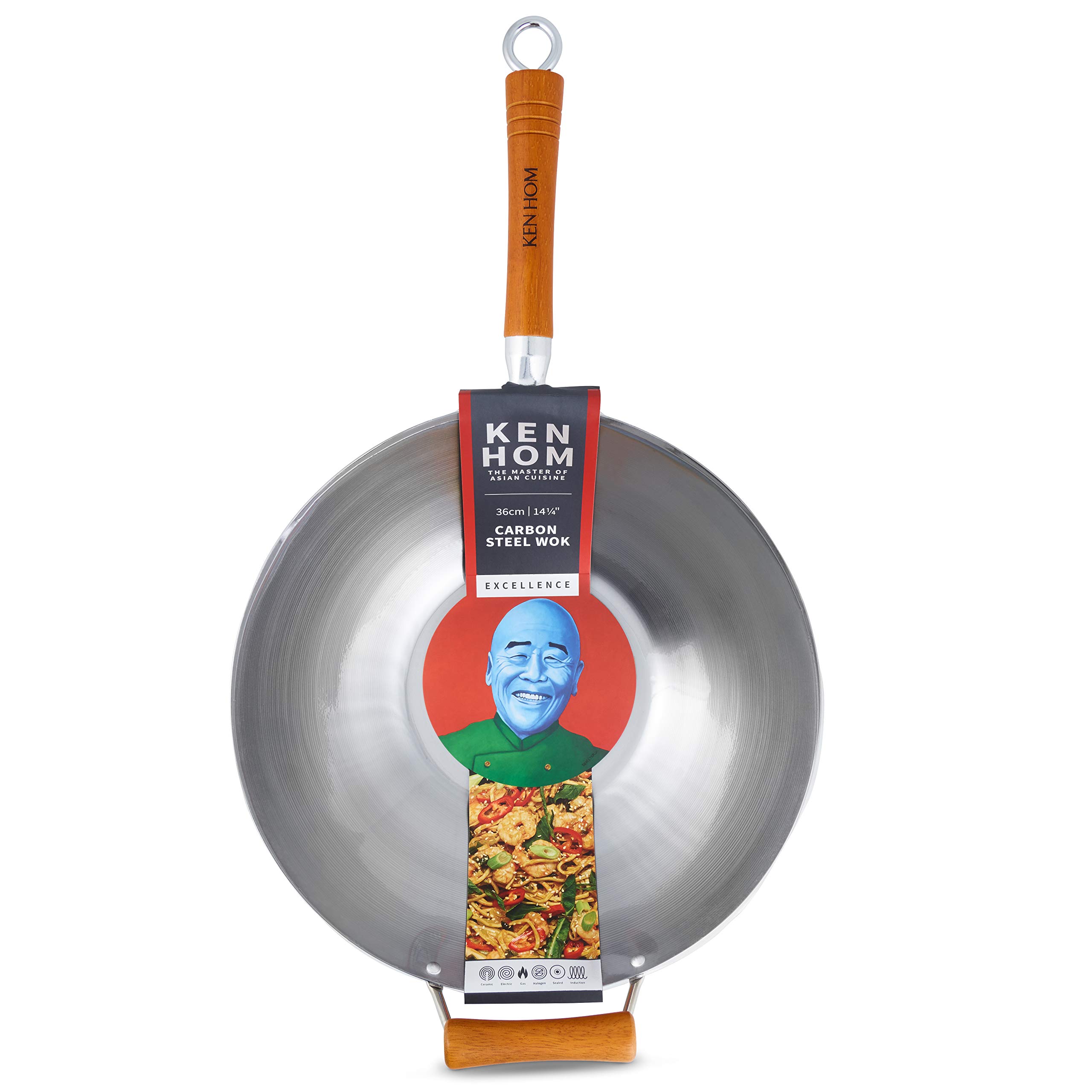 Ken Hom Wok Tradizionale Acciaio al Carbonio, 36cm, Excellence, Padella a Induzione, Compatibile con Utensili in Metallo, Non Lavabile in Lavastoviglie