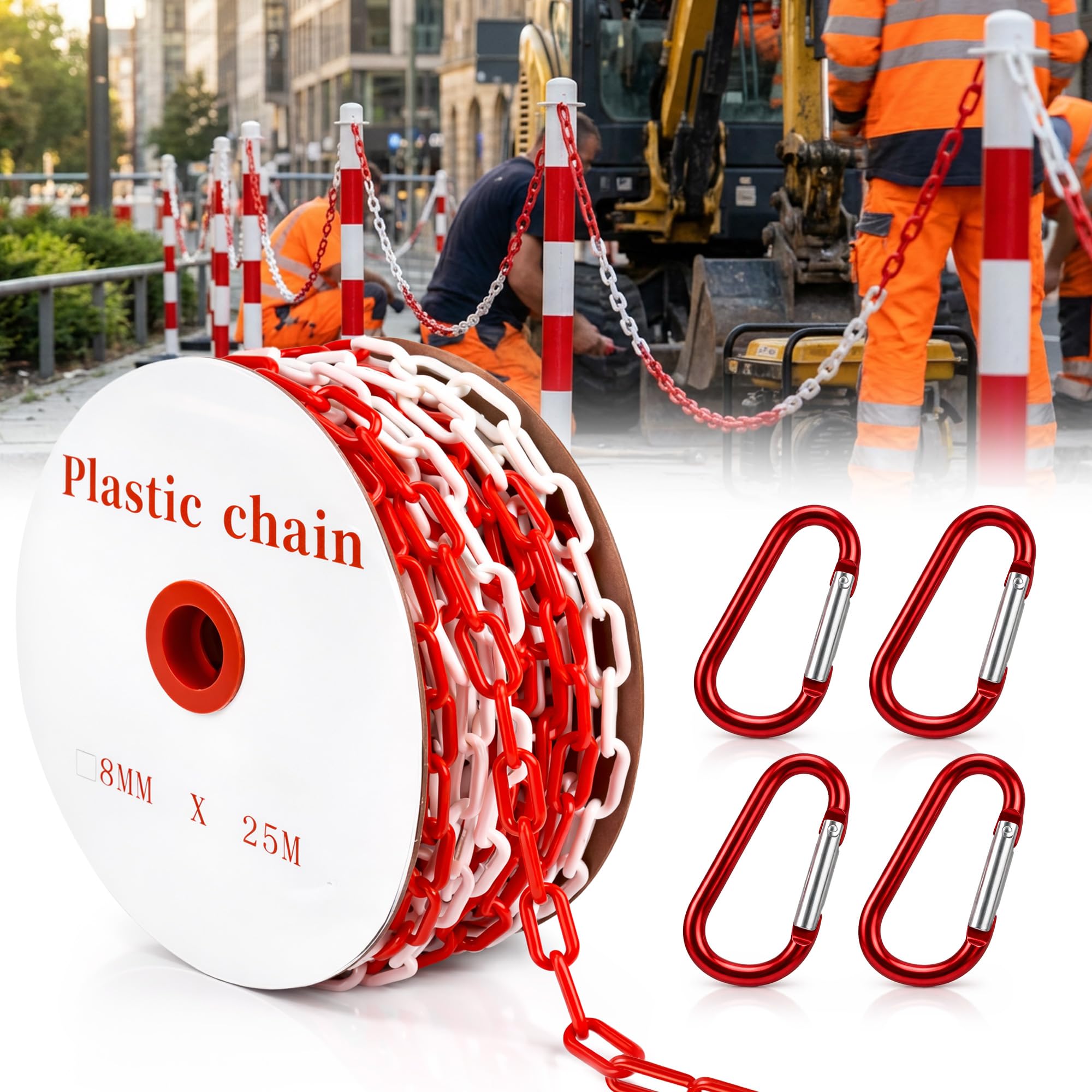 Cadena de seguridad de plástico rojo y blanco: Generic 25 m x 8 mm, cadena de advertencia de plástico para barreras temporales, resistente a los rayos UV para instalaciones exteriores para operadores