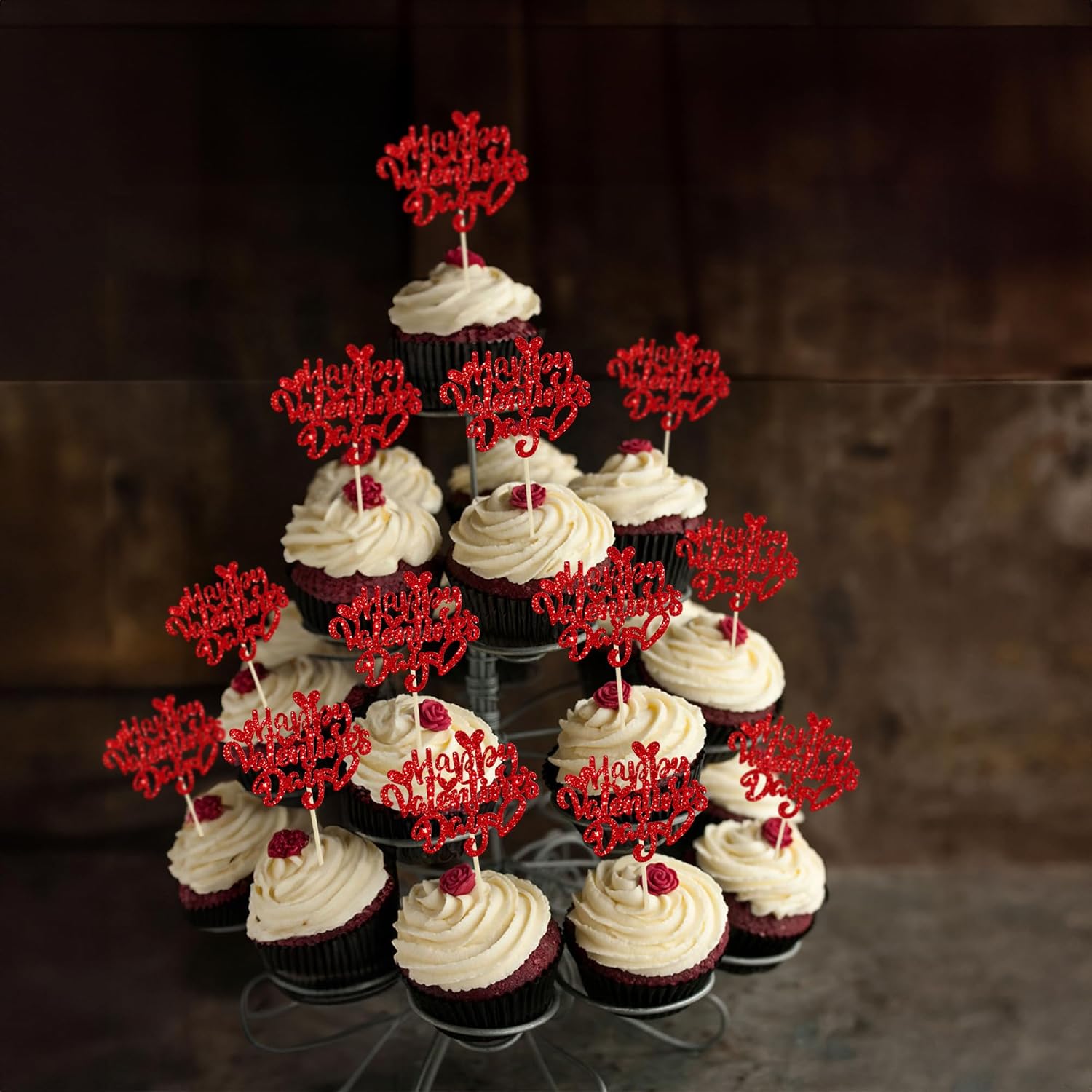 Ephlyn 24Pcs Happy Valentine's Day Cupcake Toppers Glitter Sweet Love Cupcake Food Picks Valentine Cupcake Topper for Happy Valentine's Day Birthday Party Cake Decorations Supplies Red - Image 7