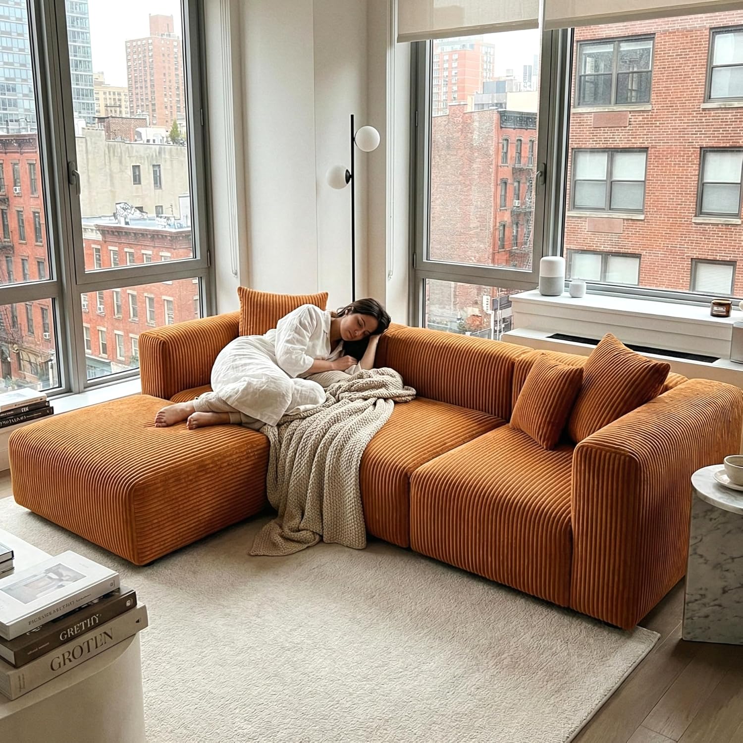 Acanva Convertible Modular Sectional Sofa with Movable Ottomans, Free Combination Corduroy Couch for Living Room Apartments, L-Shaped, Yellow