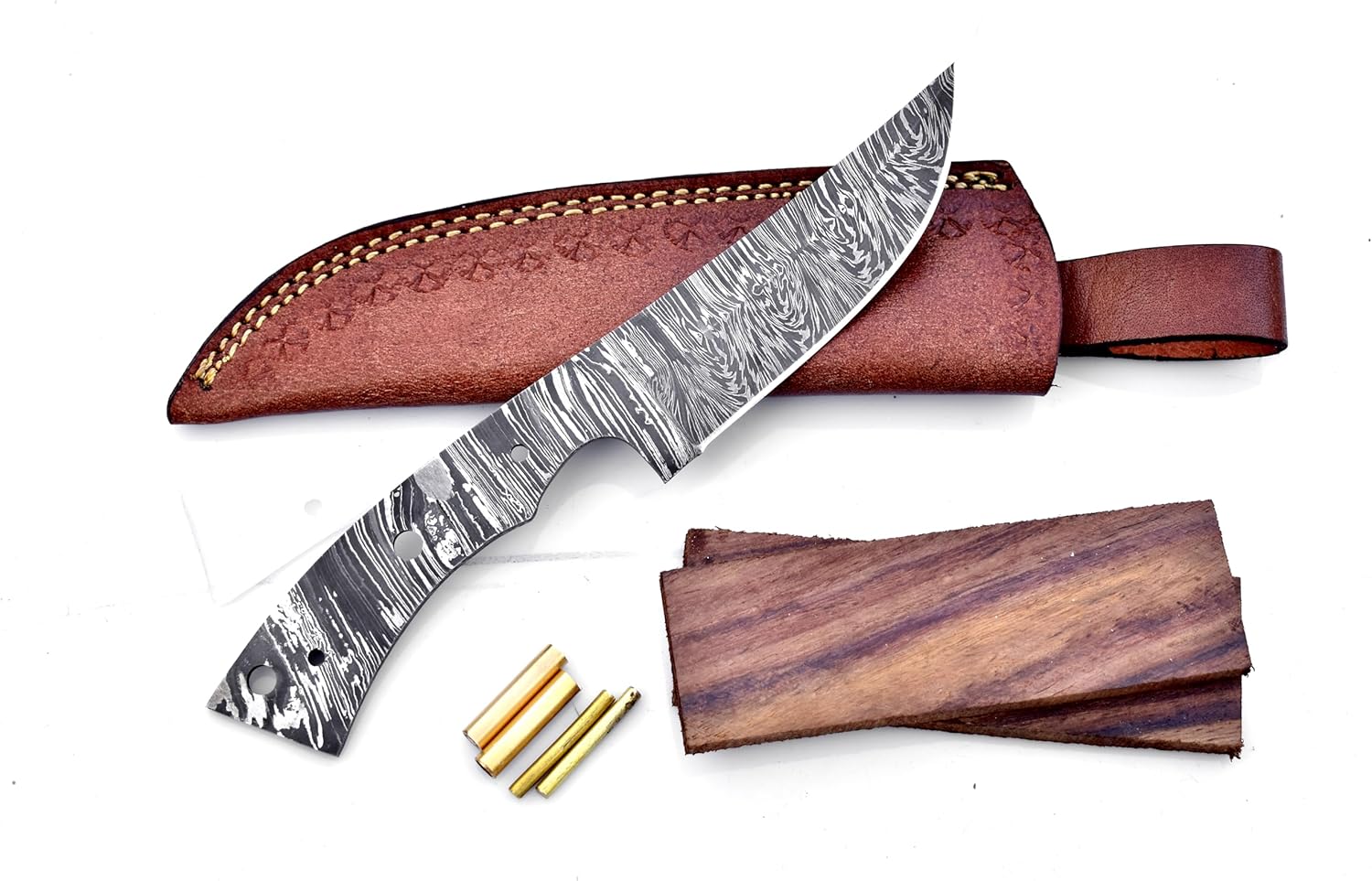 KNIFE MAKING KIT for Fixed Blade Hunting Knife- DIY Includes - Damascus Steel Knife Blank Blade, Handle Scales Blank, Pins Leather Sheath - Cool Gifts for Men, Birthday or Christmas Gifts, Hobby Kits (Kit-1)