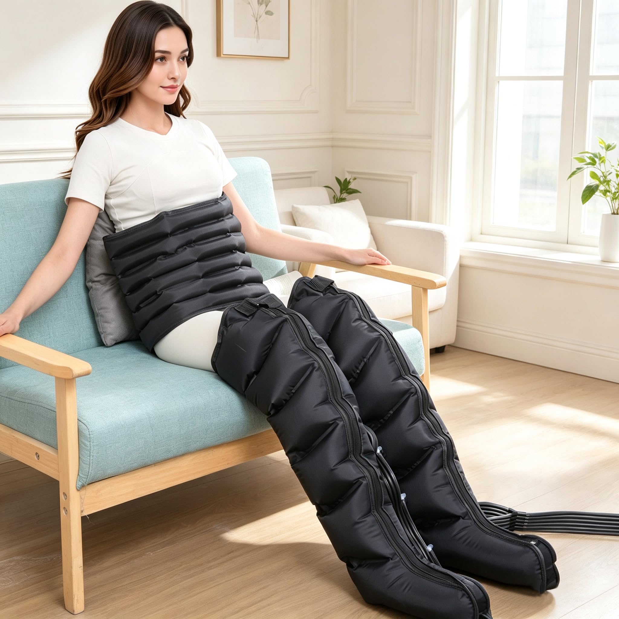 Botas de Presoterapia Piernas 6 Cámaras, 2 Piernas y Abdomen, Negro L