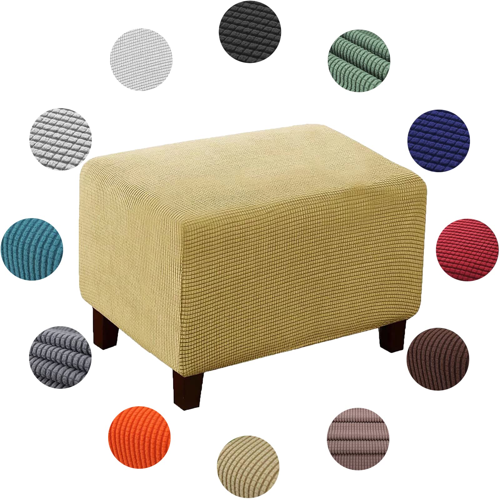 XJKH Stretch Footstool Slipcover - Soft Yellow Square Ottoman Cover for Living Room - Washable Pouffe Protector - S Size