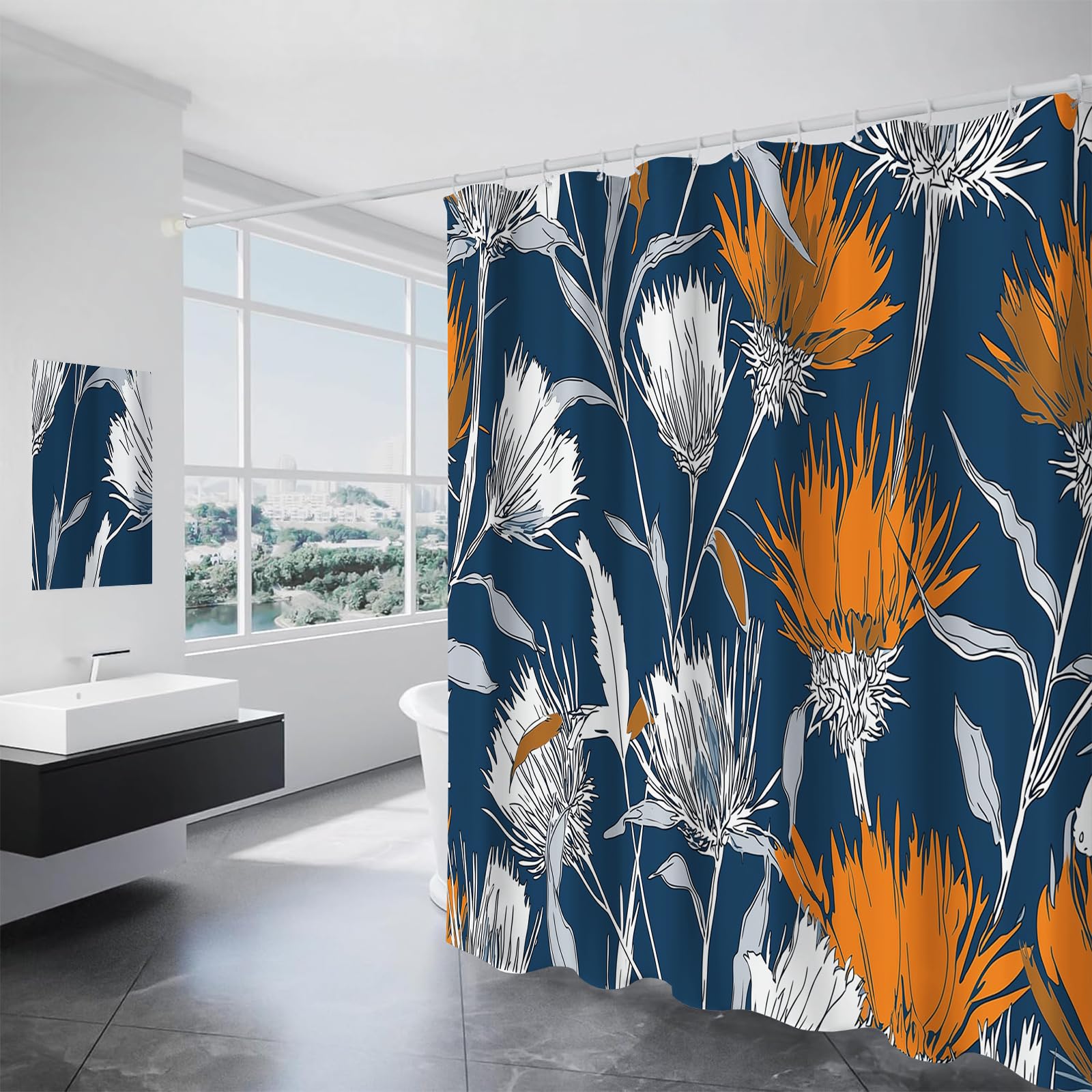 Rideau De Douche Plante De Chardon Polyester Anti Moisissure Lavable Imperméable Tissu Rideaux De Douche Avec Crochets En C Art Rétro Pour Salle De Bain Domicile Baignoire Cabine, Hôtel Orange Blanc