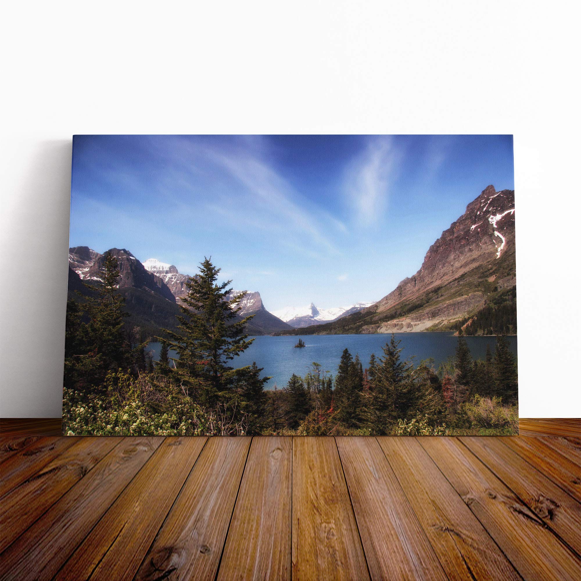 Landscape Montana Lake and Mountains Canvas Print | Gallery Wrapped 30mm Frame Wall Art | 20x14 inches | Ready to Hang | Contemporary Landscape Picture | Living Room Bedroom Lounge Office