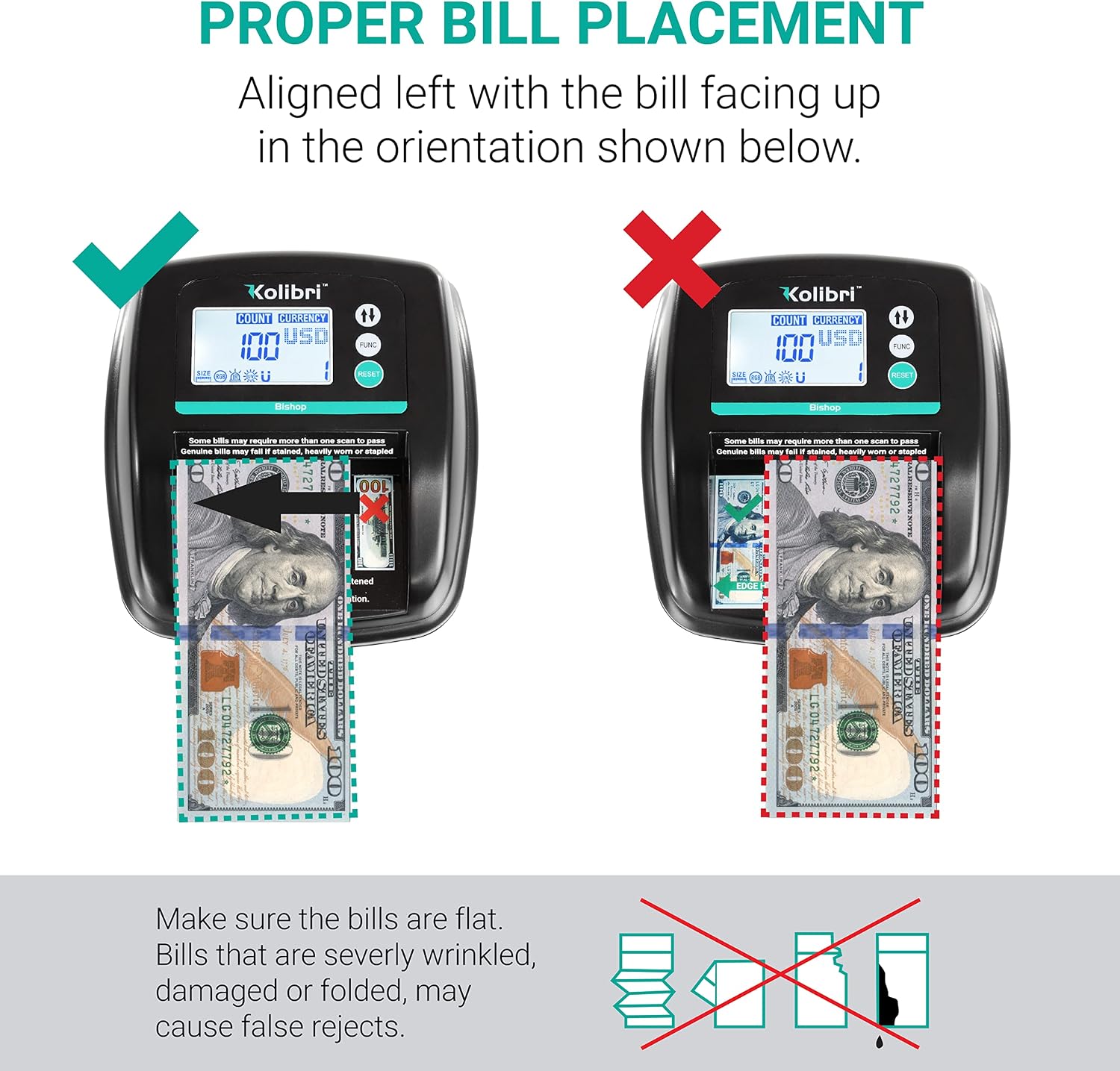 Kolibri Bishop Automatic Counterfeit Bill Detector Machine with 5 Advanced Counterfeit Detection Checks UV/MG/IR/Size/RGB - Fake Money Detector, LCD Screen, Easy to Use, Compact and Lightweight