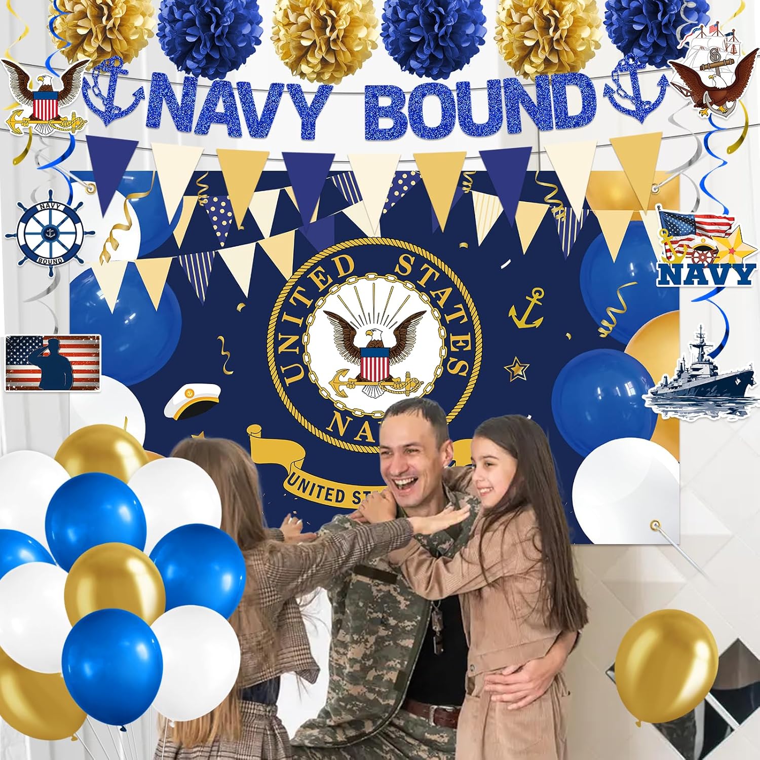Navy Party Decorations - Navy Bound Banner Boot Camp Decor Military Themed Banner Boot Camp Cupcake Topper Military Backdrop Balloons Tissue Pompoms Swirls