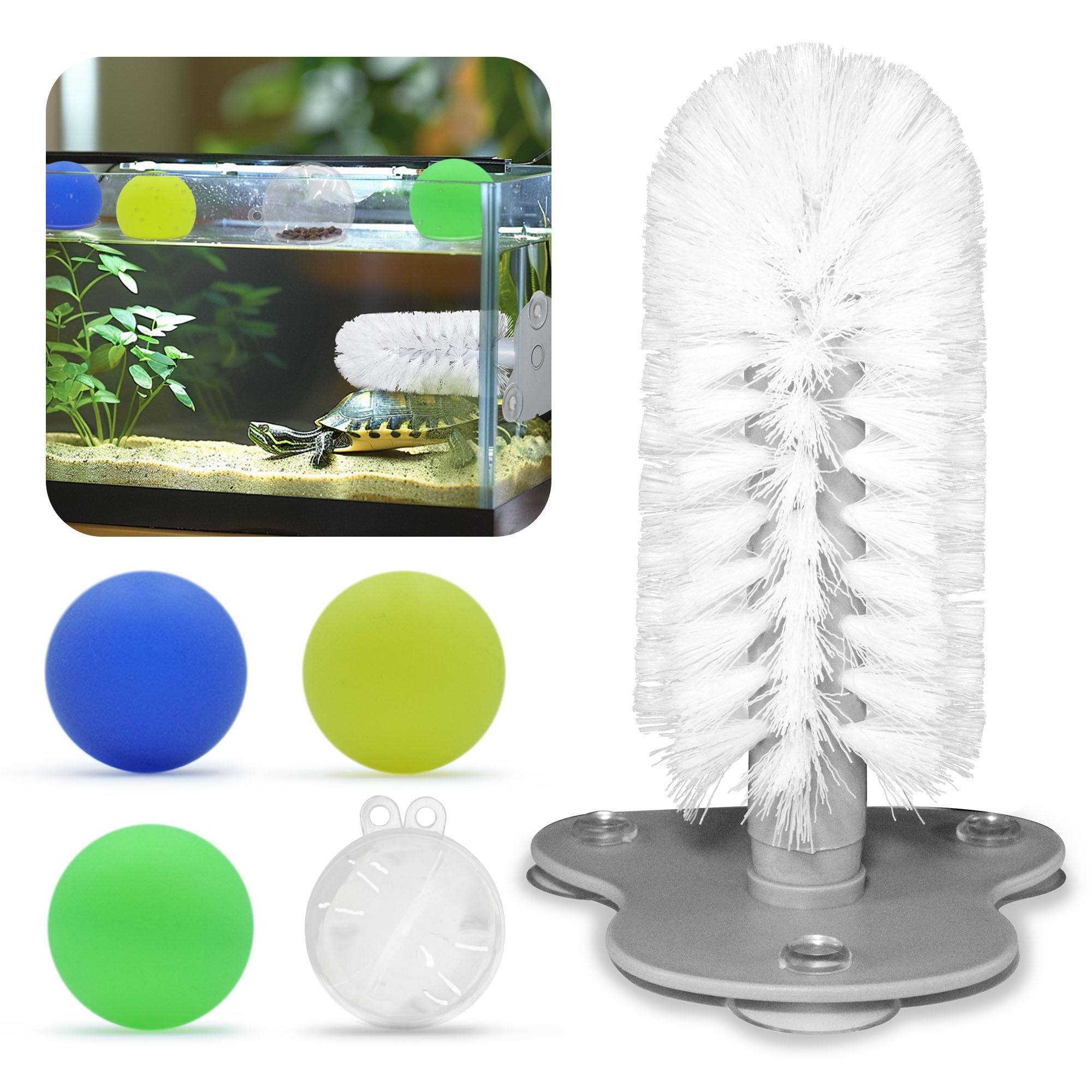 JJMOLLE Turtle Toys for Aquatic Turtle Tank Accessories, Turtle Brush with Suction Cup, 4 Turtle Toy Balls Turtle Aquarium Accessories, Turtle Accessories for Tank