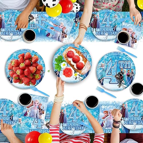 Miniatura 5 de Suministros para fiesta de 4 fiesta de Frozen con temática de 4 cumpleaños, incluye servilleta, mantel, platos, tenedor (4)