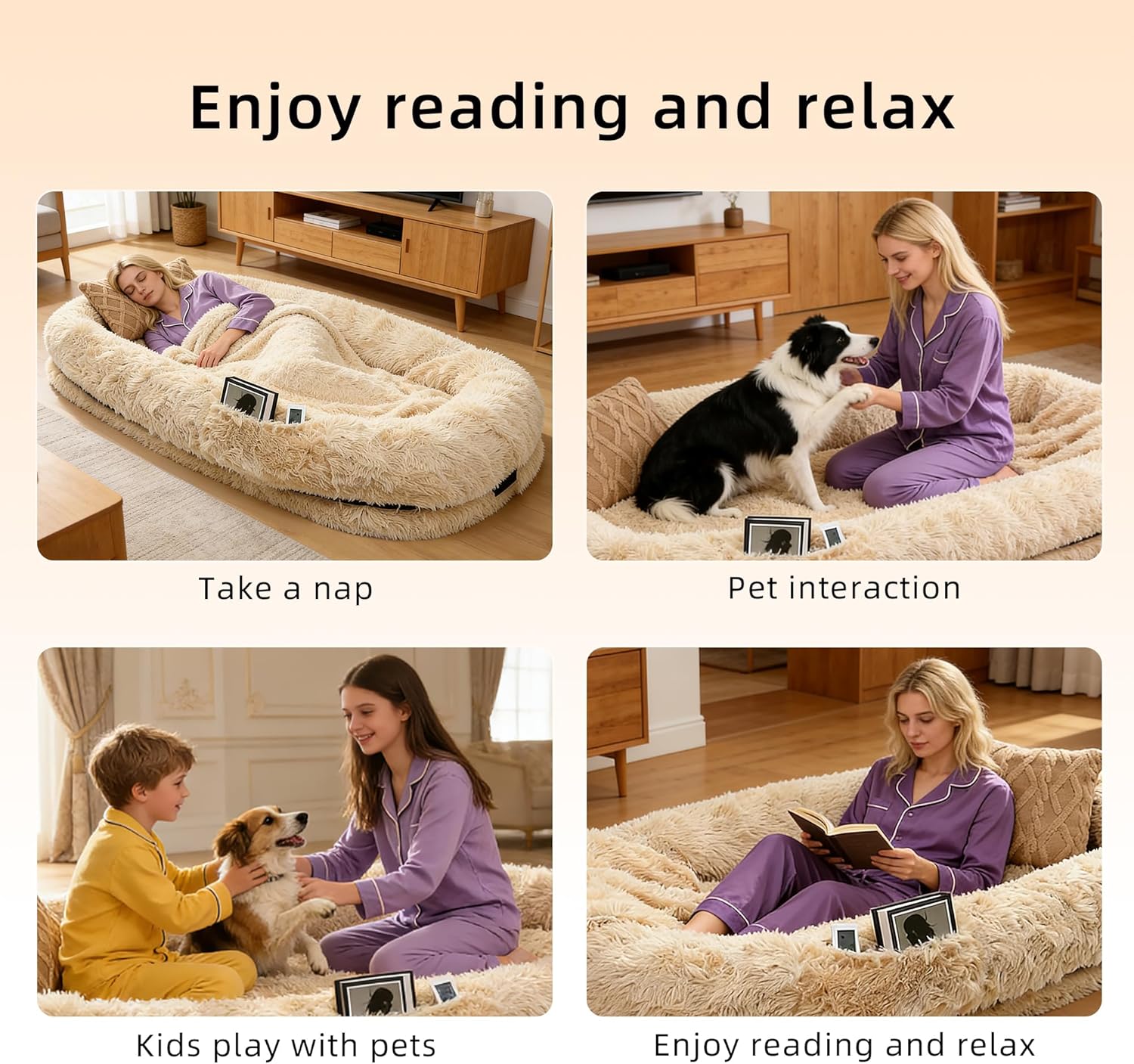 Human Dog Bed with Pillow & Blanket - 71 × 45 × 12 Inch Oversized Pet Bed for Large Dogs, Leak-Resistant Washable Dog Couch Bed for People & Dogs to Share, Soft Long Plush Lounge Pet Sofa - Beige.