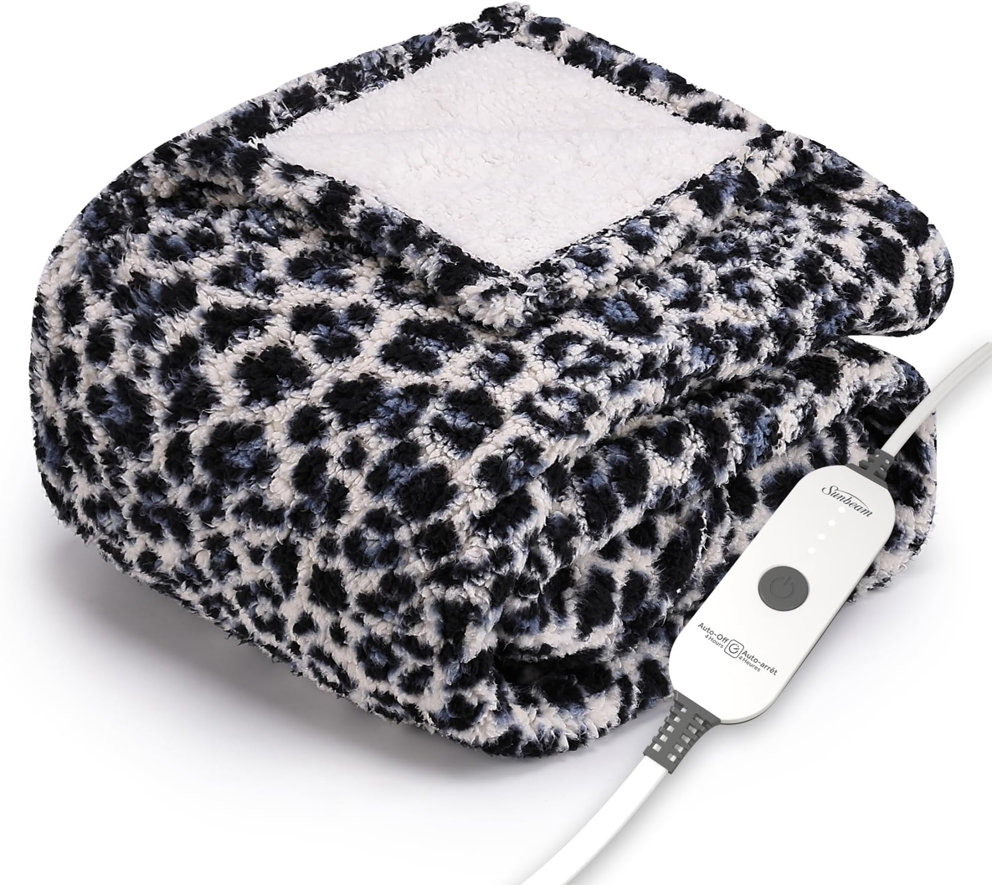 Printed Royal Sherpa Foot Pocket Heated Throw Electric Blanket, 50" x 60", 4 Heat Settings, 4-Hour Auto Shut-Off, Warming Cozy Throw for Couch or Bed, Machine Washable, Blue Leopard