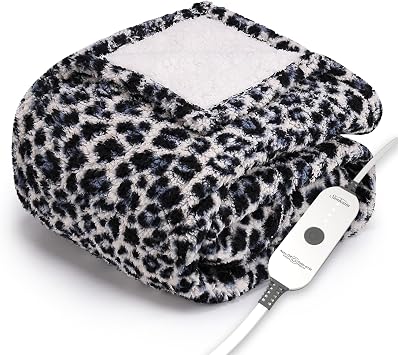 Sunbeam Printed Royal Sherpa Foot Pocket Heated Throw Electric Blanket, 50" x 60", 4 Heat Settings, 4-Hour Auto Shut-Off, Warming Cozy Throw for Couch or Bed, Machine Washable, Blue Leopard