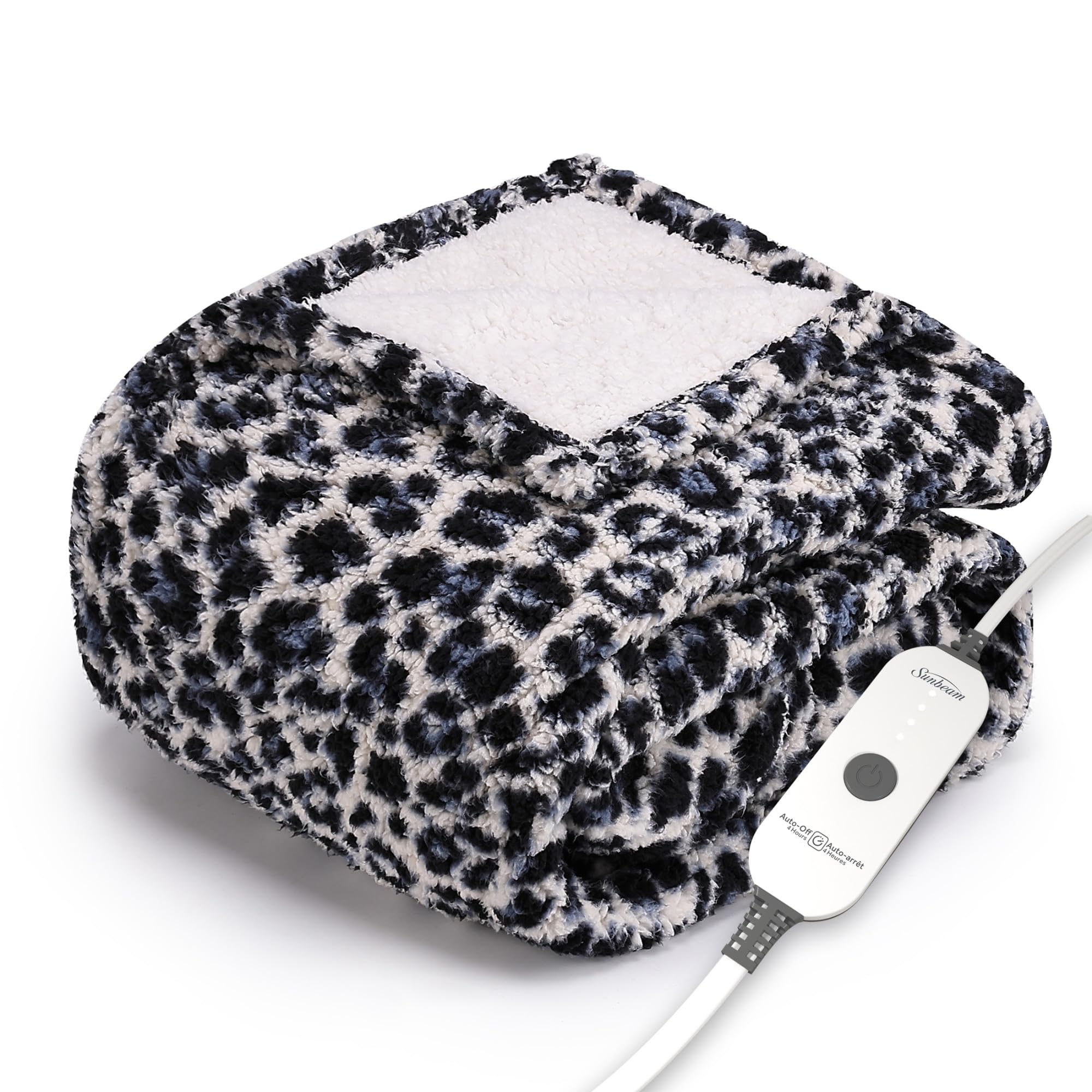 Printed Royal Sherpa Foot Pocket Heated Throw Electric Blanket, 50" x 60", 4 Heat Settings, 4-Hour Auto Shut-Off, Warming Cozy Throw for Couch or Bed, Machine Washable, Blue Leopard