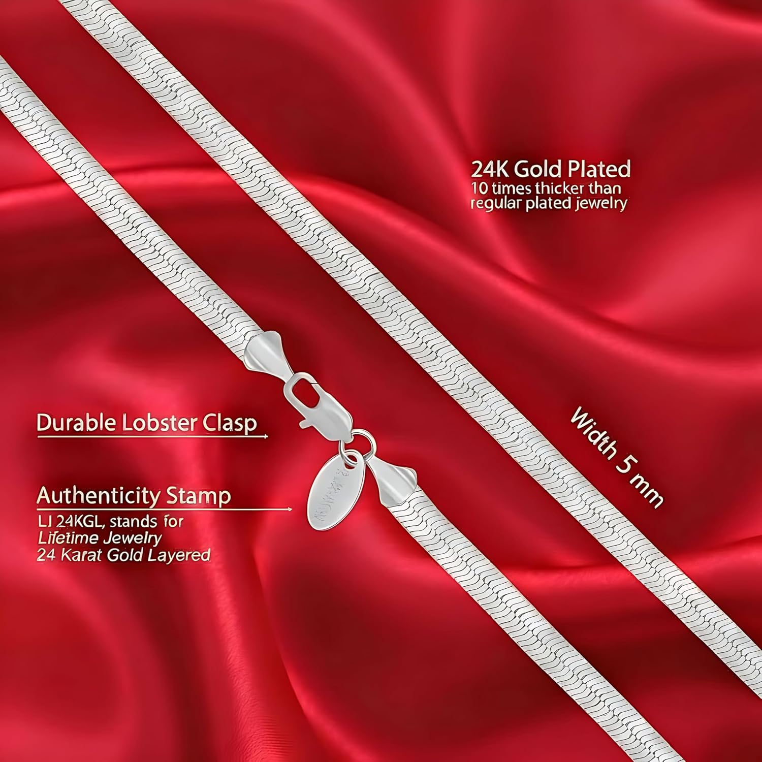 LIFETIME JEWELRY 5mm Flexible Herringbone Chain Necklace 24k Real Gold Plated - Image 3