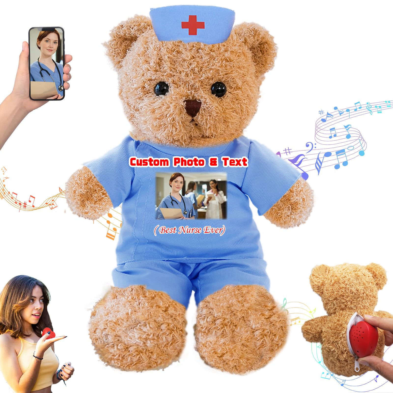 JABECODIFA Personalized Nurse Gift Doctor Gift Personalized Teddy Bear with Photo Text, Teddy Bear Stuffed Animal as Personalized Gift for Nurse