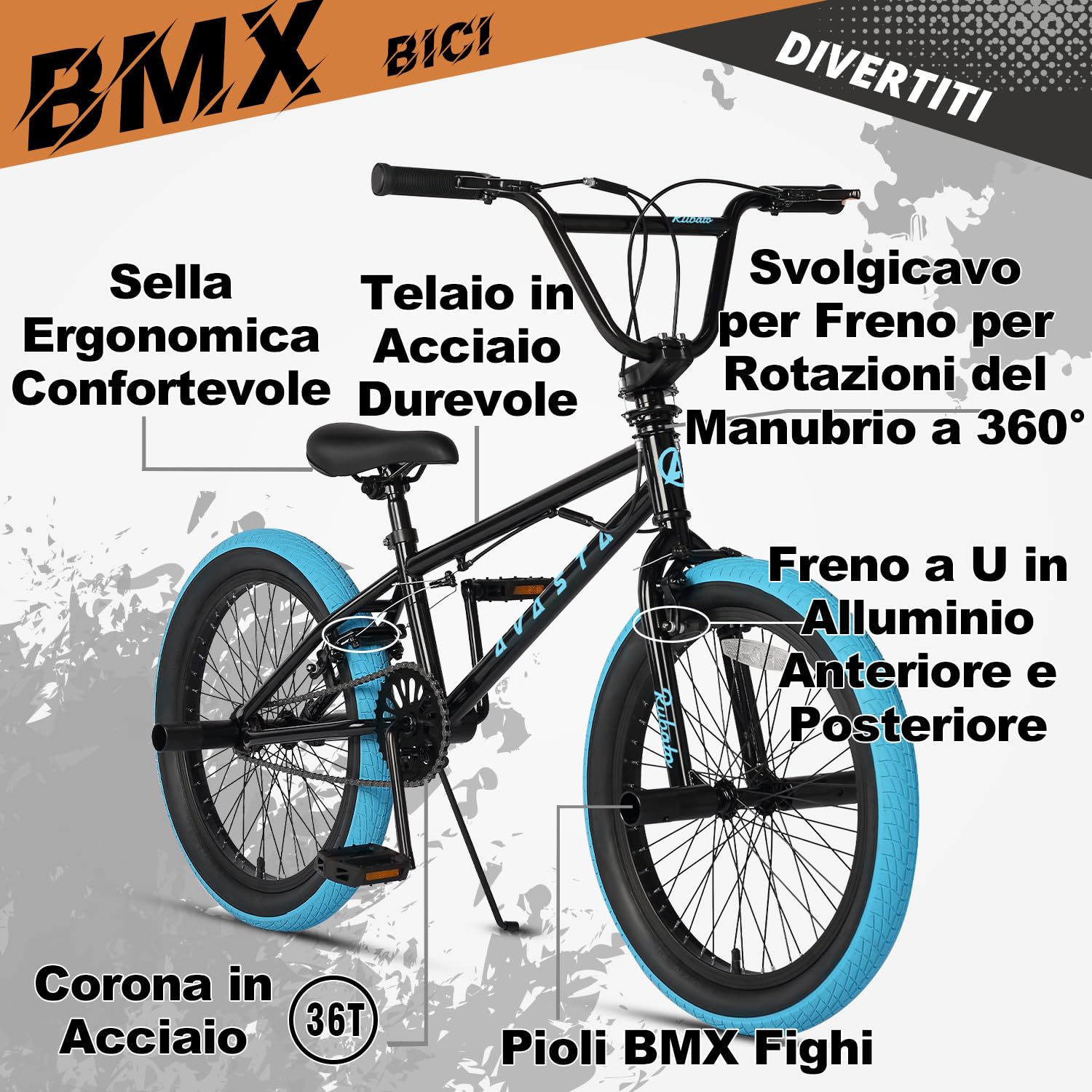 AVASTA Bicicletta BMX per Bambini Freestyle da 20 Pollici per età 6 7 8 9 10 11 12 13 14 Anni Ragazzi Ragazze Adolescenti e Junior Riders con 4 Picchetti, Rotori a 360 Gradi, Nero e Blu