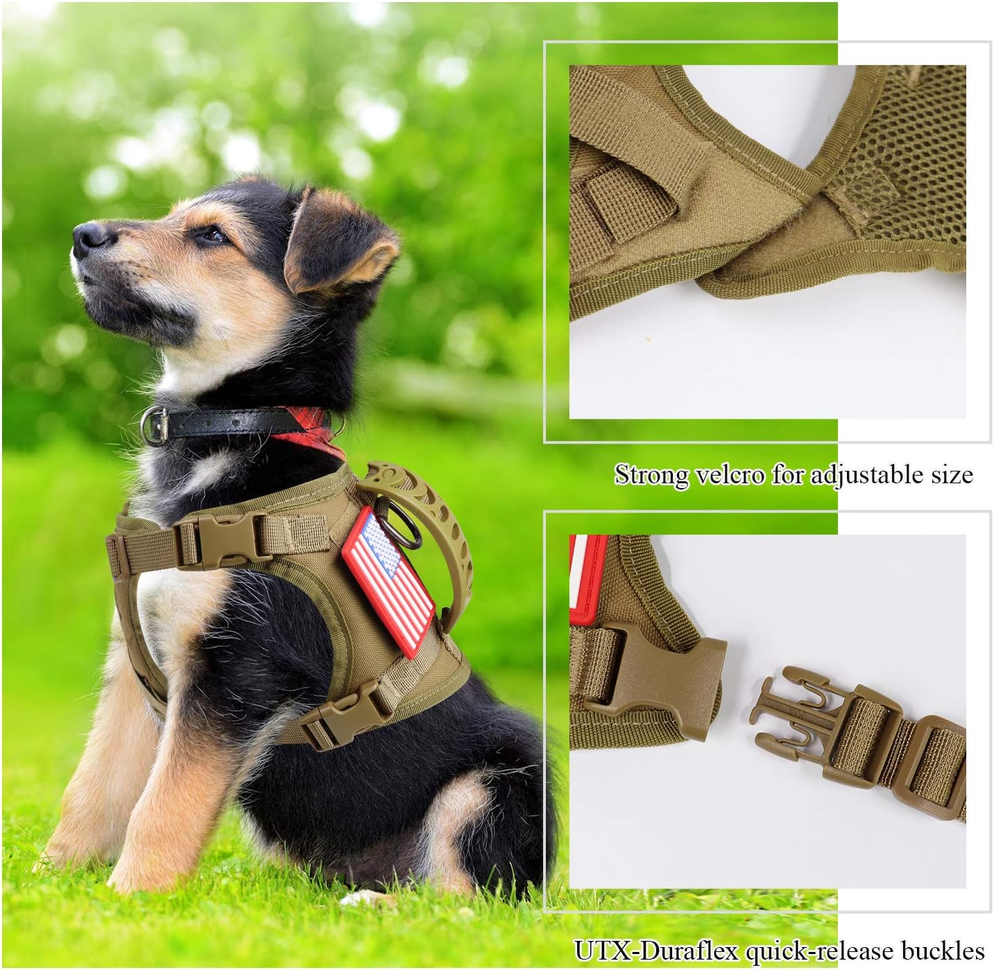 Tactical Service Dog Harness Vest,K9 Adjustable Military Working Harness Water-Resistant Comfortable Training MOLLE Dog Vest with Handle (XS, Khaki)