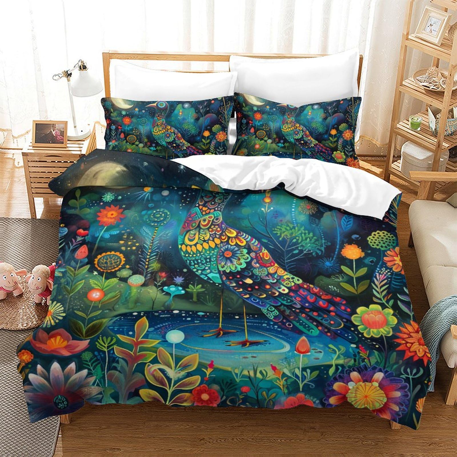 Housse de couette oiseaux 3D pour lit ado et enfant avec parure de lit zippée en microfibre