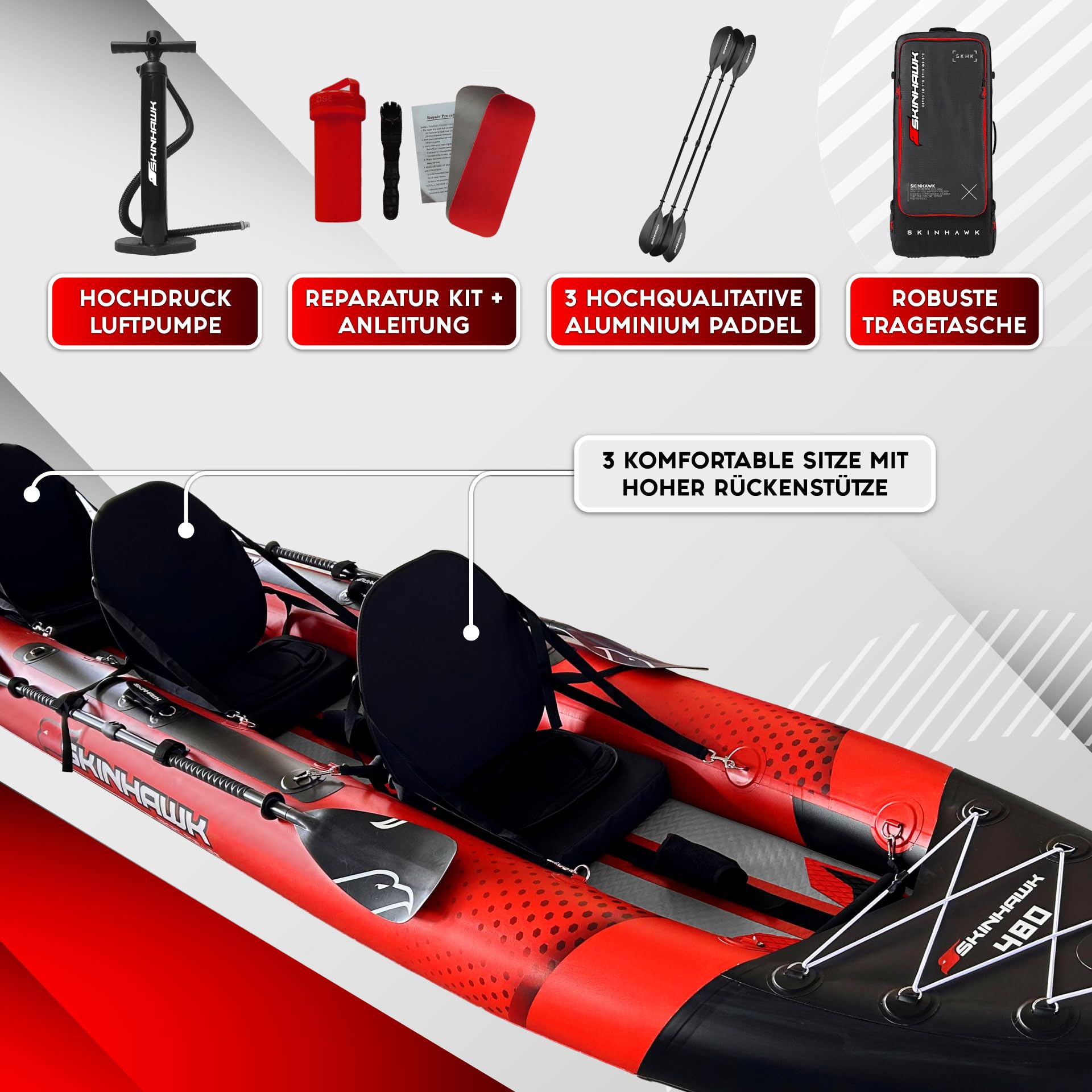 SKINHAWK Exclusivo juego de kayak rojo 480 – bote inflable – canoa – 480 x 96 cm – kayak para 3 personas