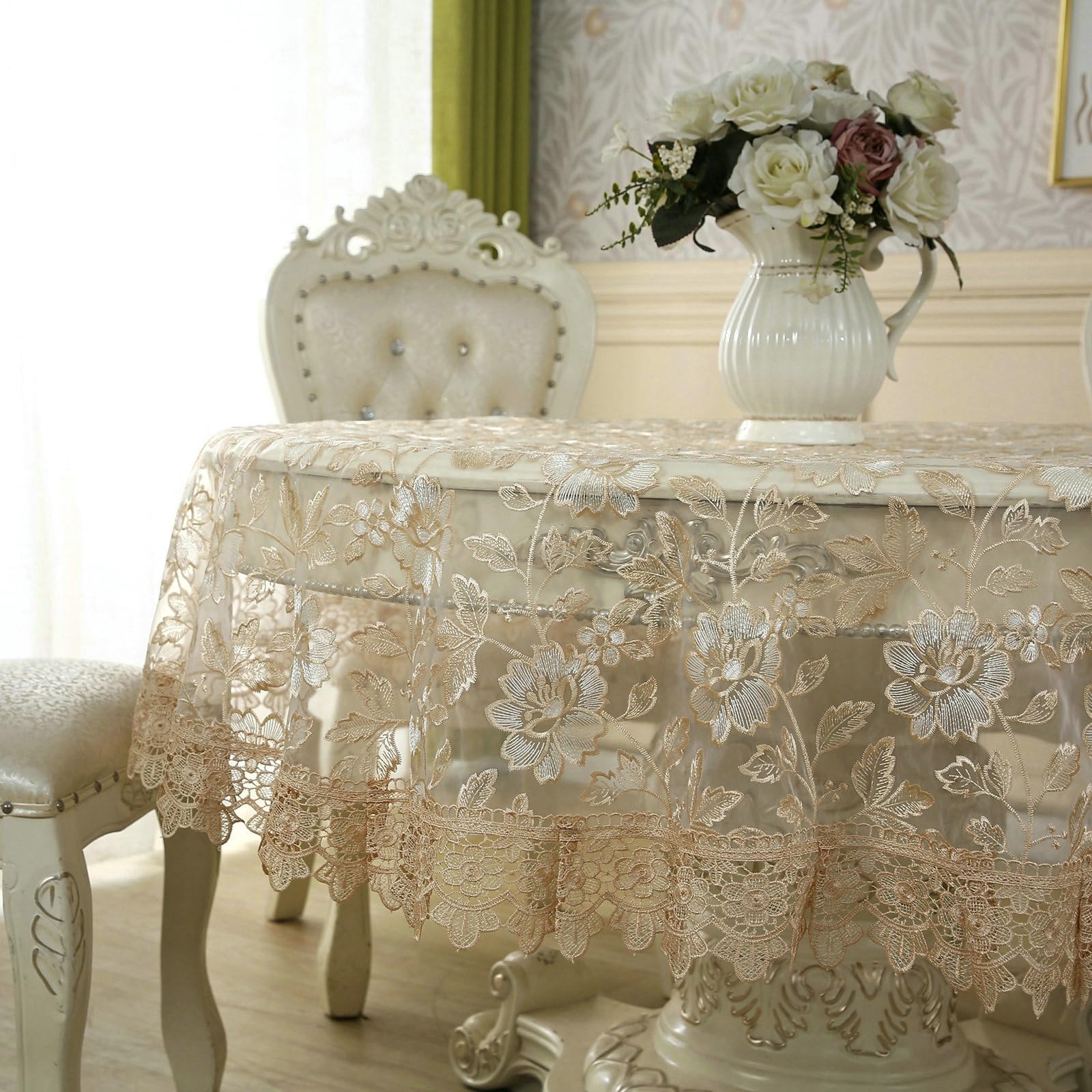 Tischdecke Rund Abwaschbar 180 cm, Hohl Spitze Stickerei Polyester
