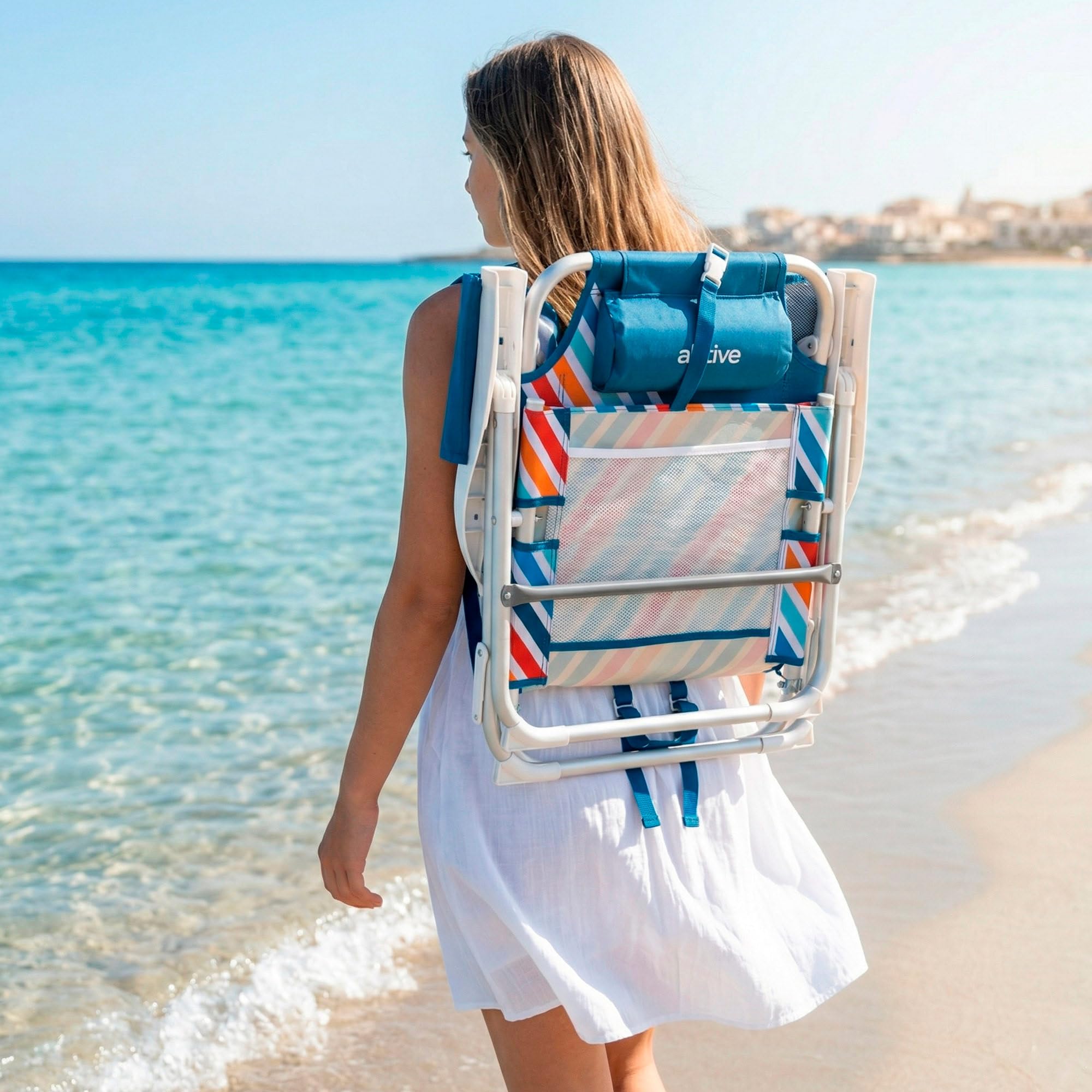 AKTIVE Silla de Playa Plegable con Mochila, 50x55x80 cm, Multiposición, Silla antivuelco, con 4 Posiciones, Silla con Bolsillos, Estructura Resistente, hasta 110 kg (62537)