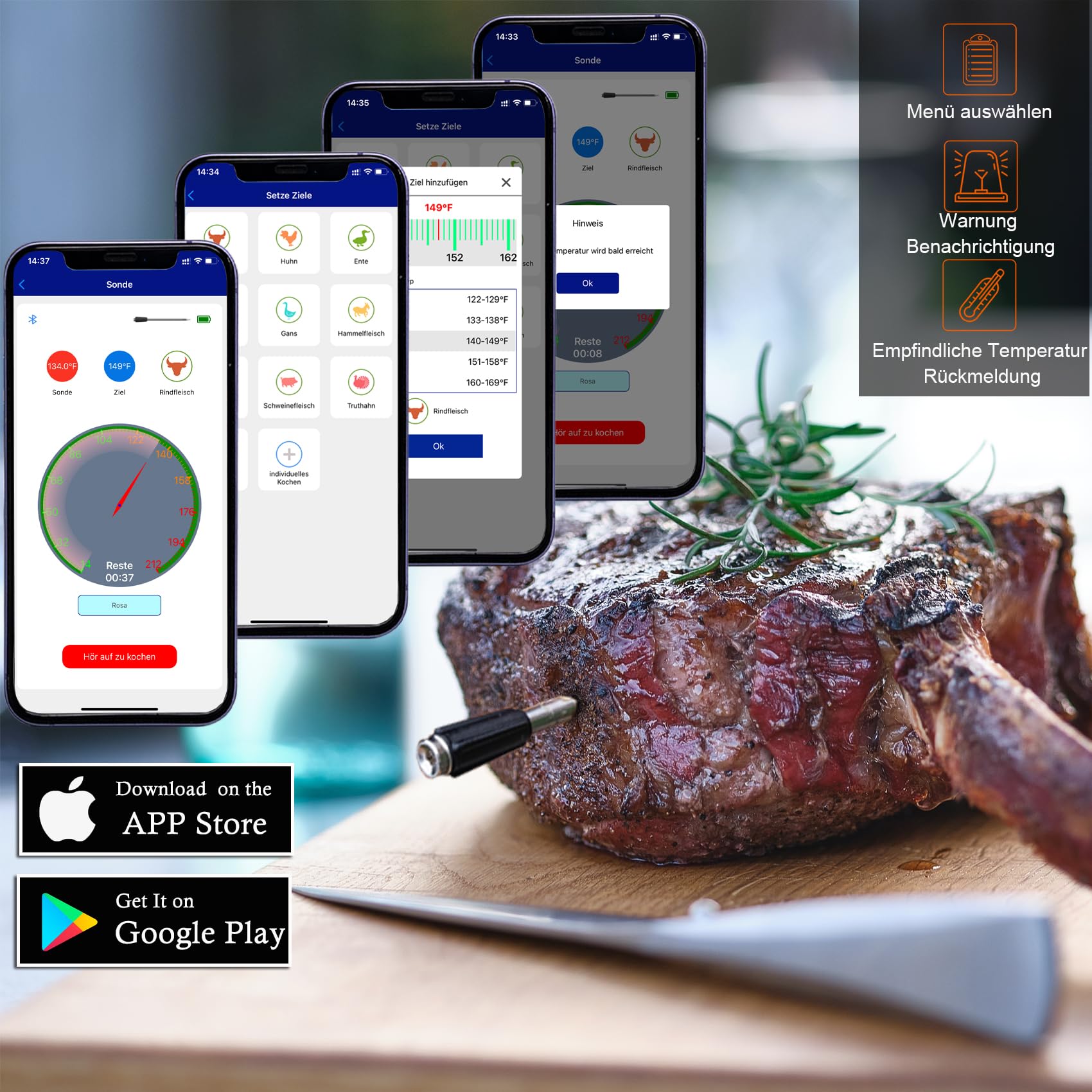 Fleischthermometer Kabellos Grillthermometer mit zwei dünneren Sonden APP Bluetooth 100m Meat Thermometer Bratenthermometer für Backofen Grill Smoker Rotisserie.Weihnachtsgeschenke