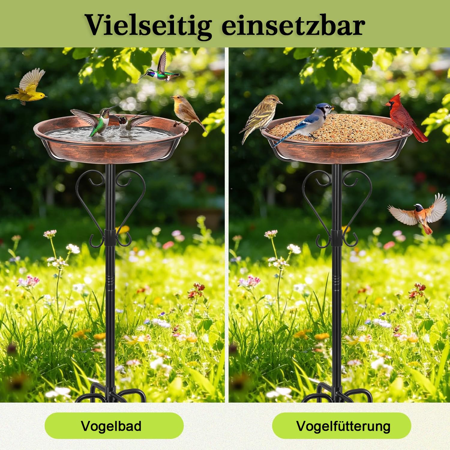 GREELUE Vogeltränke Stehend 30CM, Vogelbad für Garten Balkon, Metall Wassertränke für Wildvögel, Futter Schale Vogelbad Gartendeko Bird Bath (Antike Bronze-30cm)