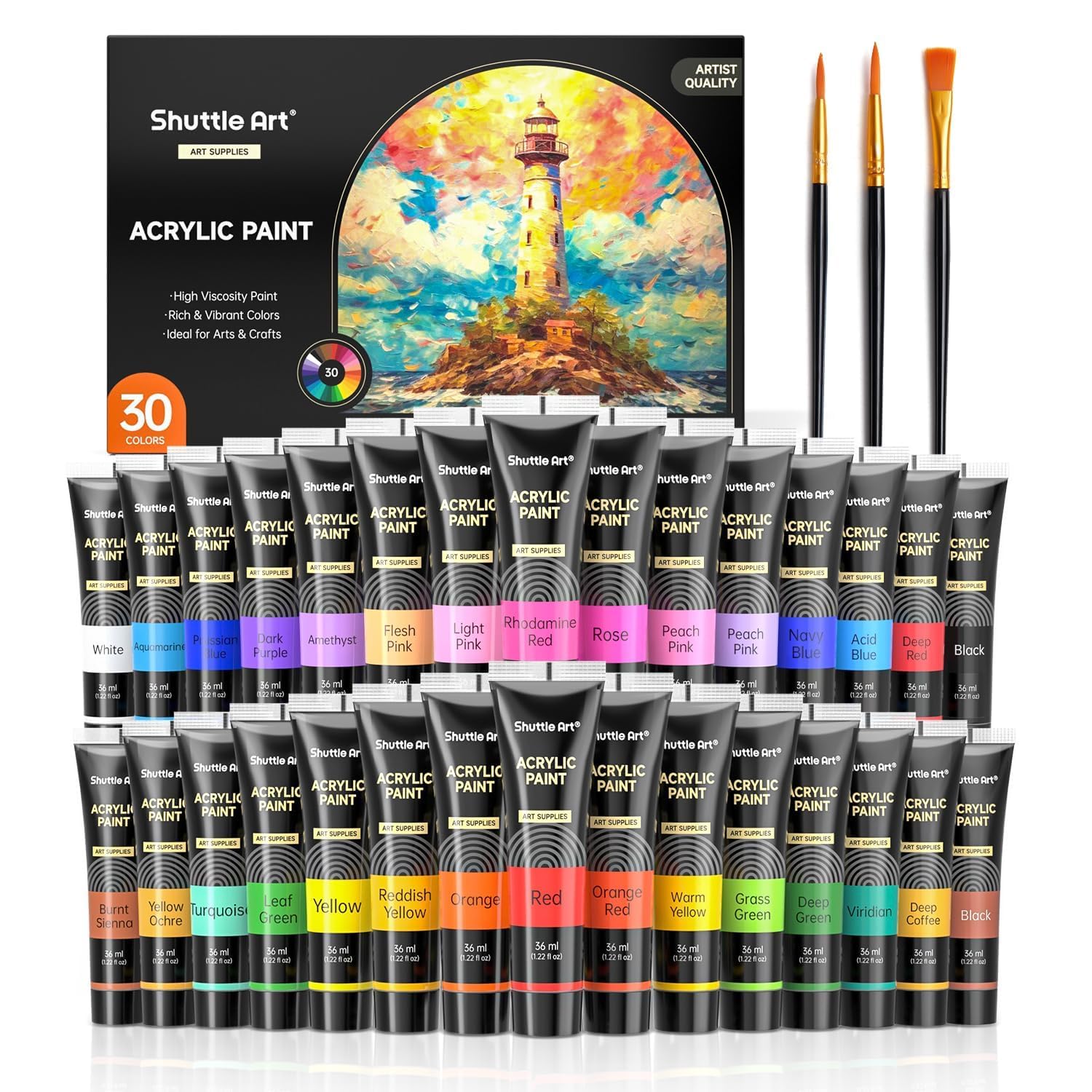 Shuttle Art 33PCS Pintura Acrílica, 30 Tubos (36ml) Pintura Acrílica con 3 Pinceles, Acrylic Paint No Tóxica, Acrilicos para Pintar para Artistas, Principiantes, Pinturas Acrilicas para Lienzos Piedra
