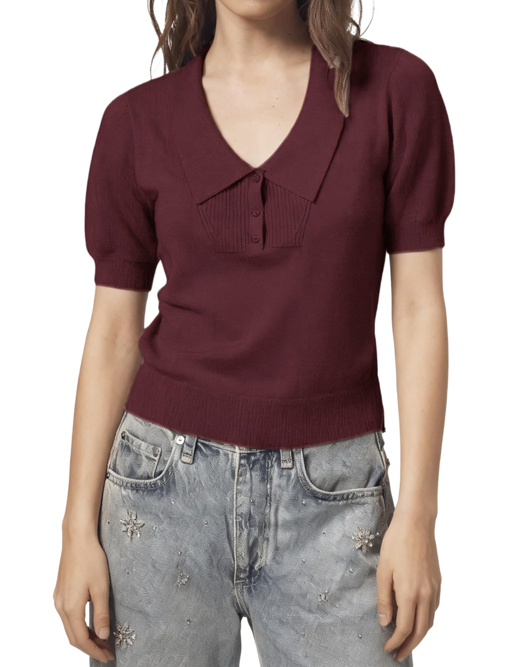 Yeokou Womens Short Sleeve Sweater Collared Scoop Neck Knit Shirt Slim Fitted Cropped Pullover Tops