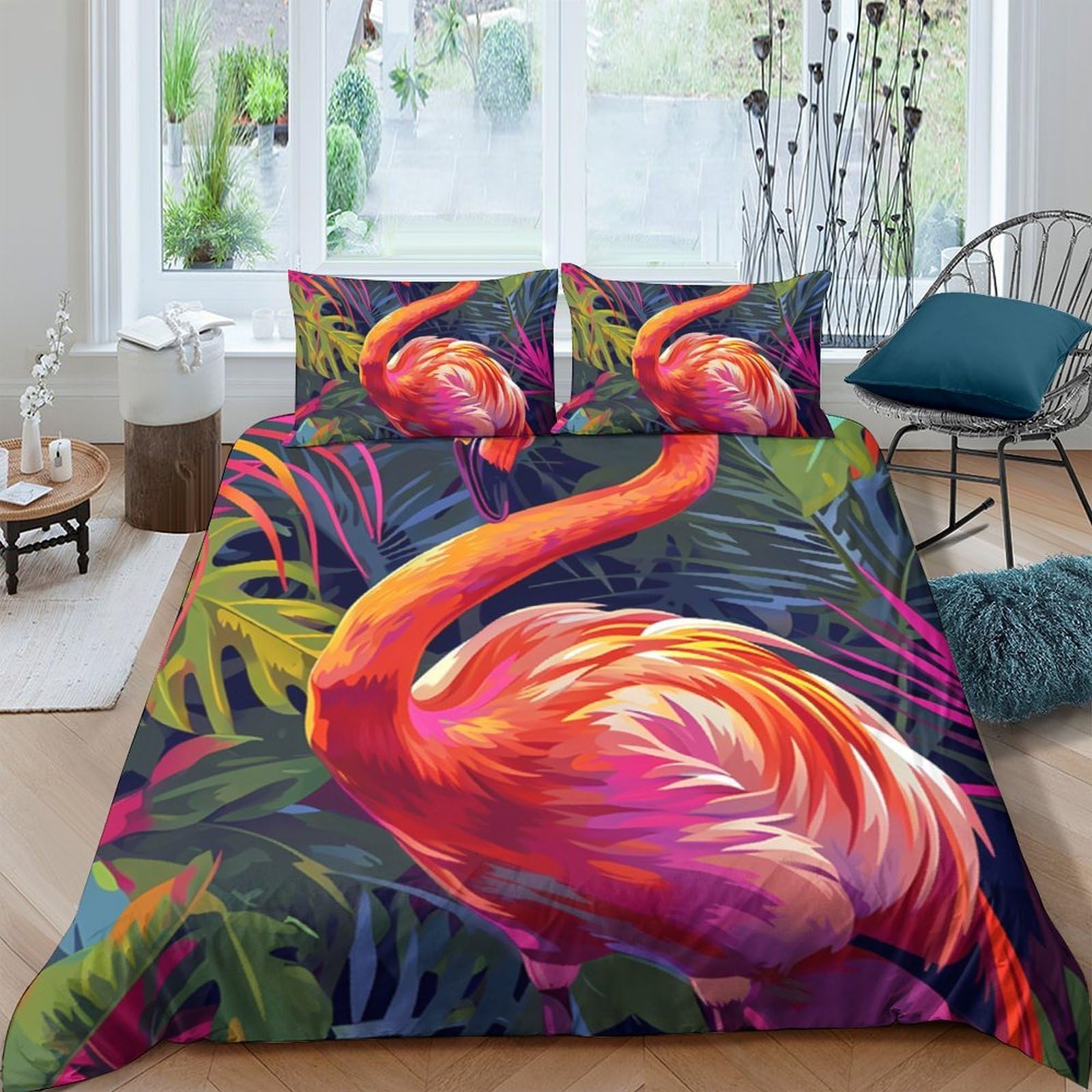 Ctjqhvkz Style-9 3D Printed Flamingo Tropical Fitted Sheet Microfiber Soft Vibrant Jungle Bed Cover For Bedroom Guest Room Mattress Protection Single（135X200cm）