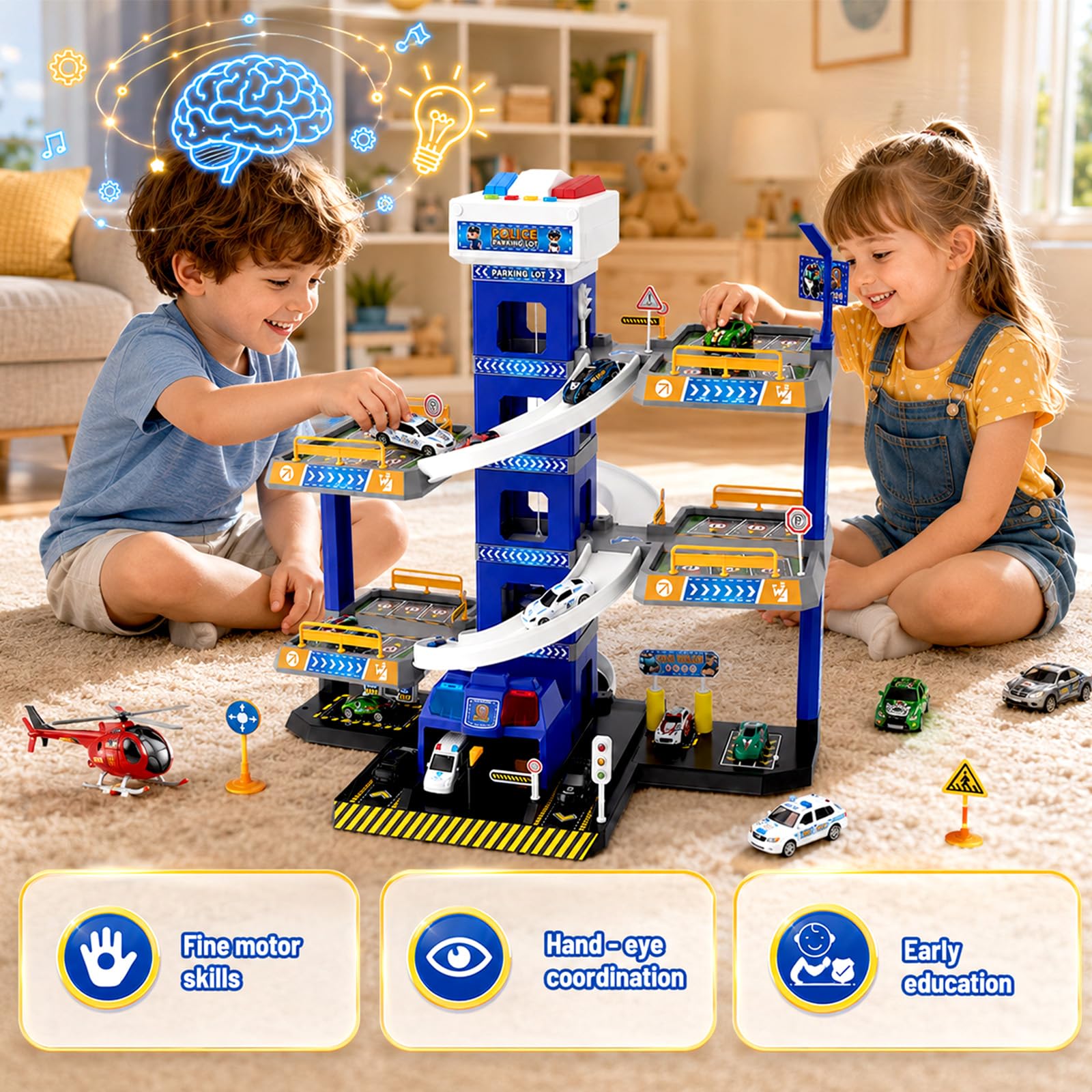5 piani Garage per Bambini con Luci e Suoni, Parcheggio per Bambini con Ascensore, Giocattolo Garage Auto con Polizia, 14 Auto e 1 Elicotteri, Regali per Bambini 5-9 Anni, Blu