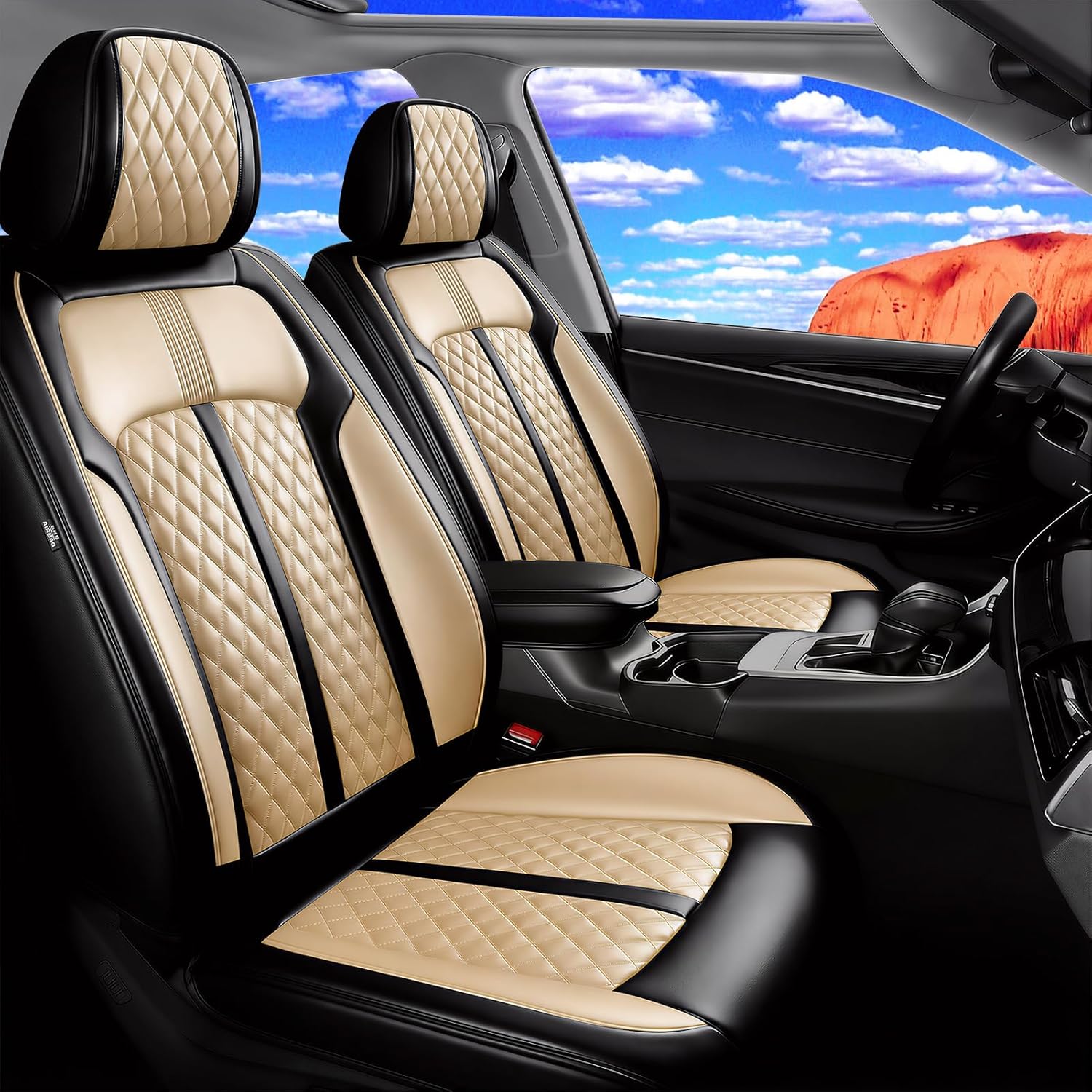 Fit Santa Cruz Car Seat Covers for Select Hyundai Santa Cruz 2022-2025 2026 - Premium Full Coverage Leather, Waterproof & All Weather Seat Cushion Protector, Front Pair Black+Beige