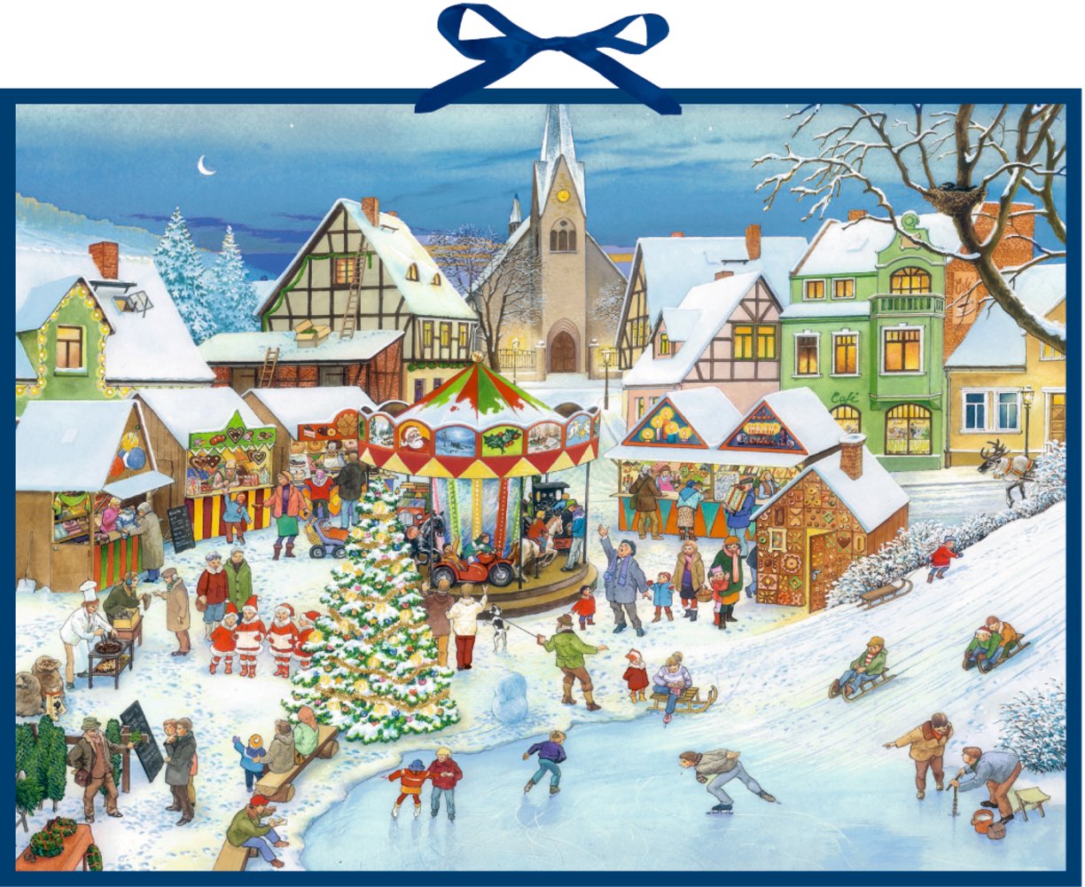 Coppenrath The Christmas Market Traditional German Advent Calendar 52 cm Wide x 38 cm Iridescent Glitter and Hanging Ribbon