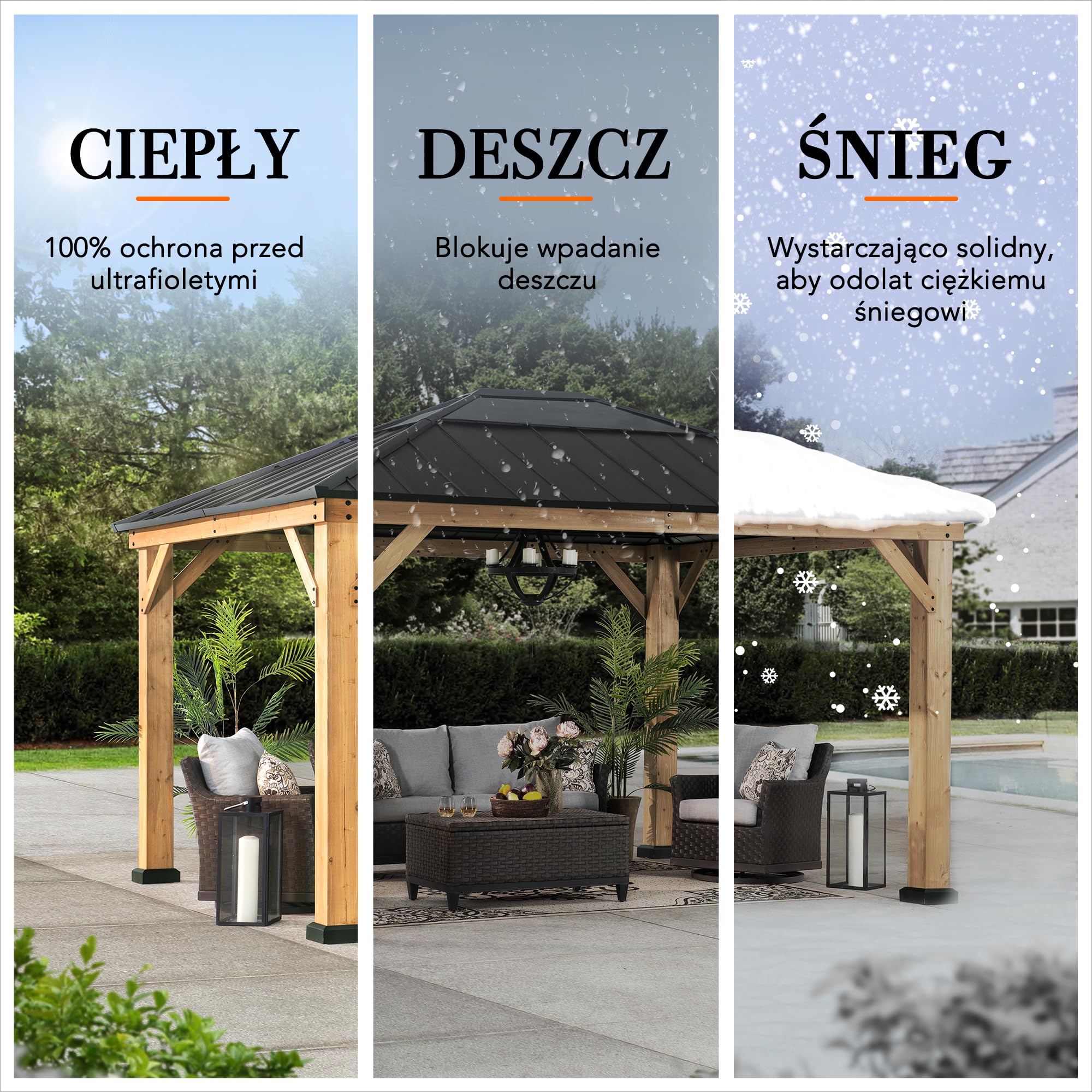 SUNJOY 3,3x3,9 m zewnętrzny drewniany pawilon cedrowy,Konstrukcja z naturalnego drewna cedrowego, Dach stalowy z świetlikiem z poliwęglanu, pawilon ogrodowy do zacienienia, Odporność na śnieg i wiatr