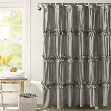 Farmhouse Ruffle Shower Curtain, Gray, 72 x 72 in | Decorative Elegant Bathroom Curtain with 12 Holes, Soft Ruched Microfiber Fabric, Vintage Handmade Design