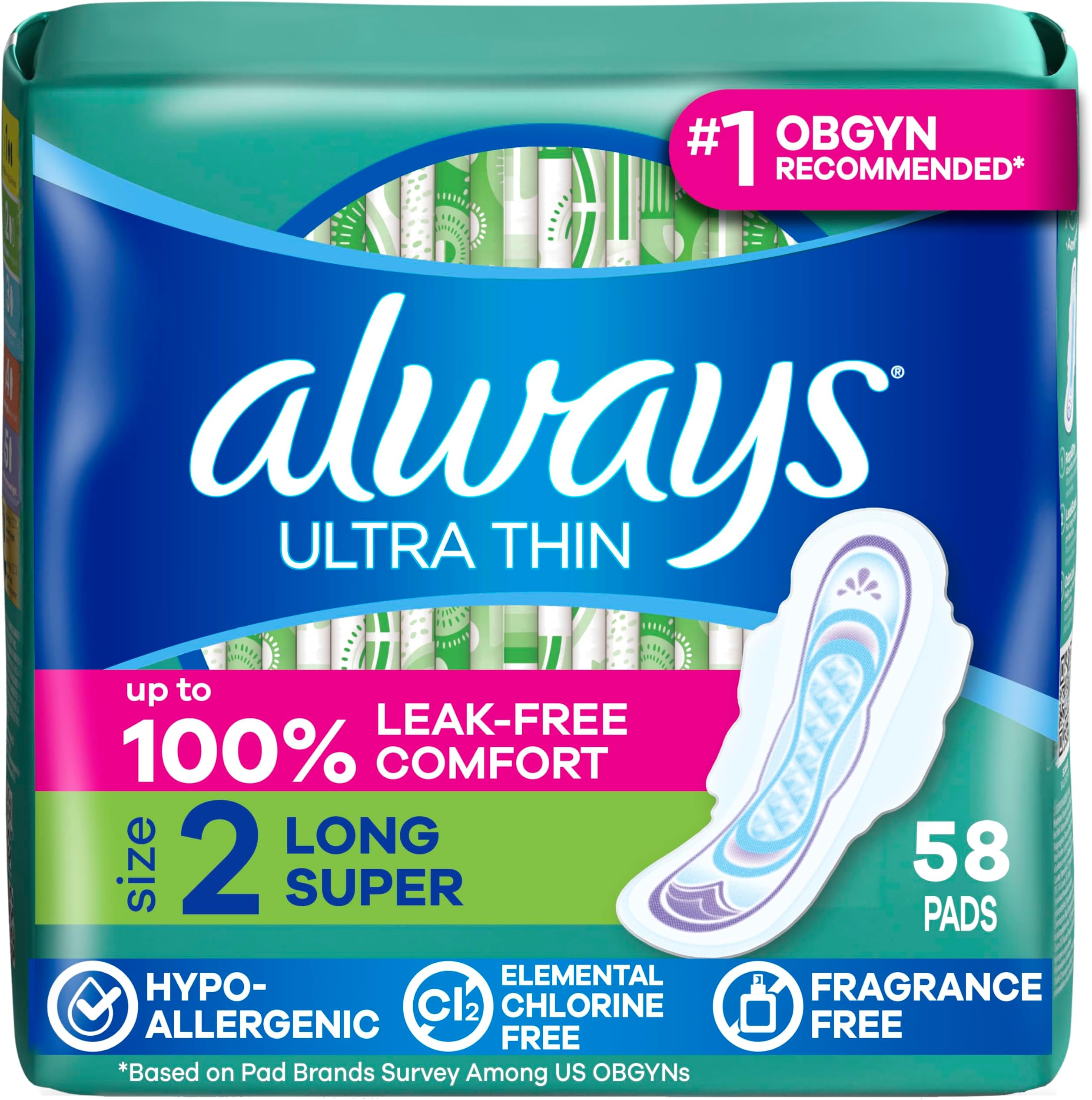 Always Ultra Thin Pads with Wings, Size 2, Long Super, 58 Count