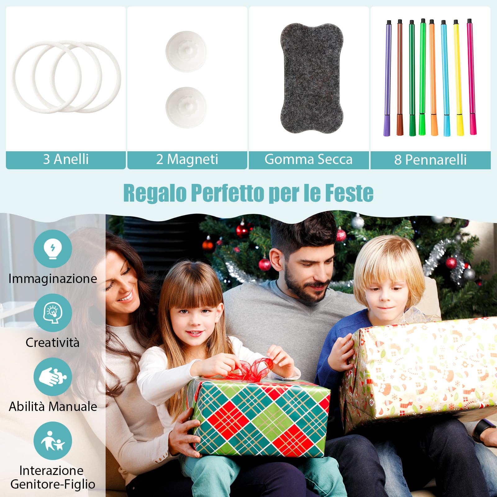 COSTWAY Tavolo da Disegno per Bambini con Sedia, Cavalletto Artistico con Lavagna Regolabile a 3 Livelli, Telescopio e Gioco dell'Anello, Cestino Portaoggetti 8 Pennarelli 3 Anelli 2 Magneti e Gomma