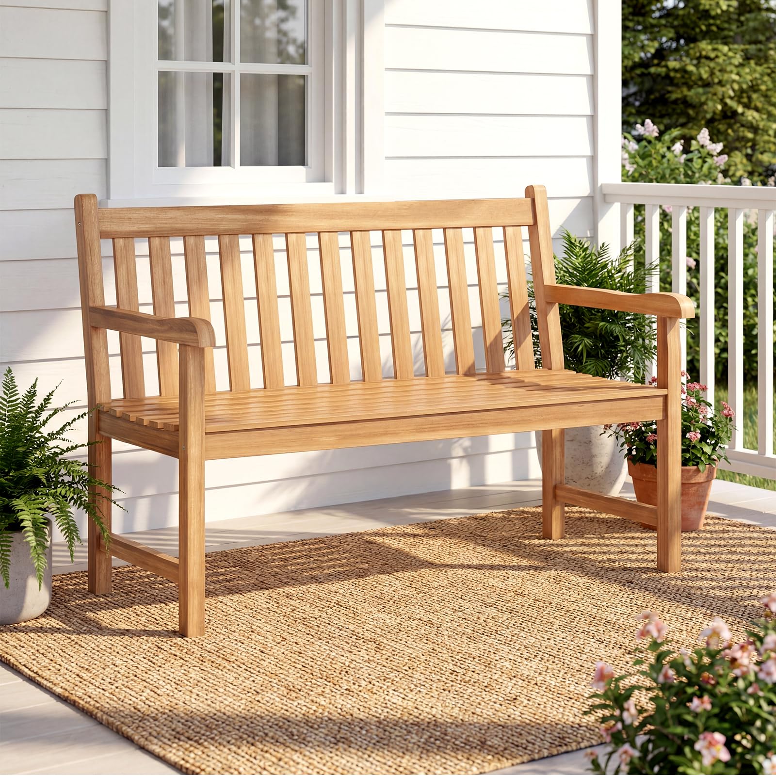 Tangkula 51" Teak Wood Outdoor Bench, 2-Person Solid Wood Garden Patio Bench with Backrest and Armrests, Wooden Loveseat Seating Furniture for Porch, Balcony, Backyard and Deck