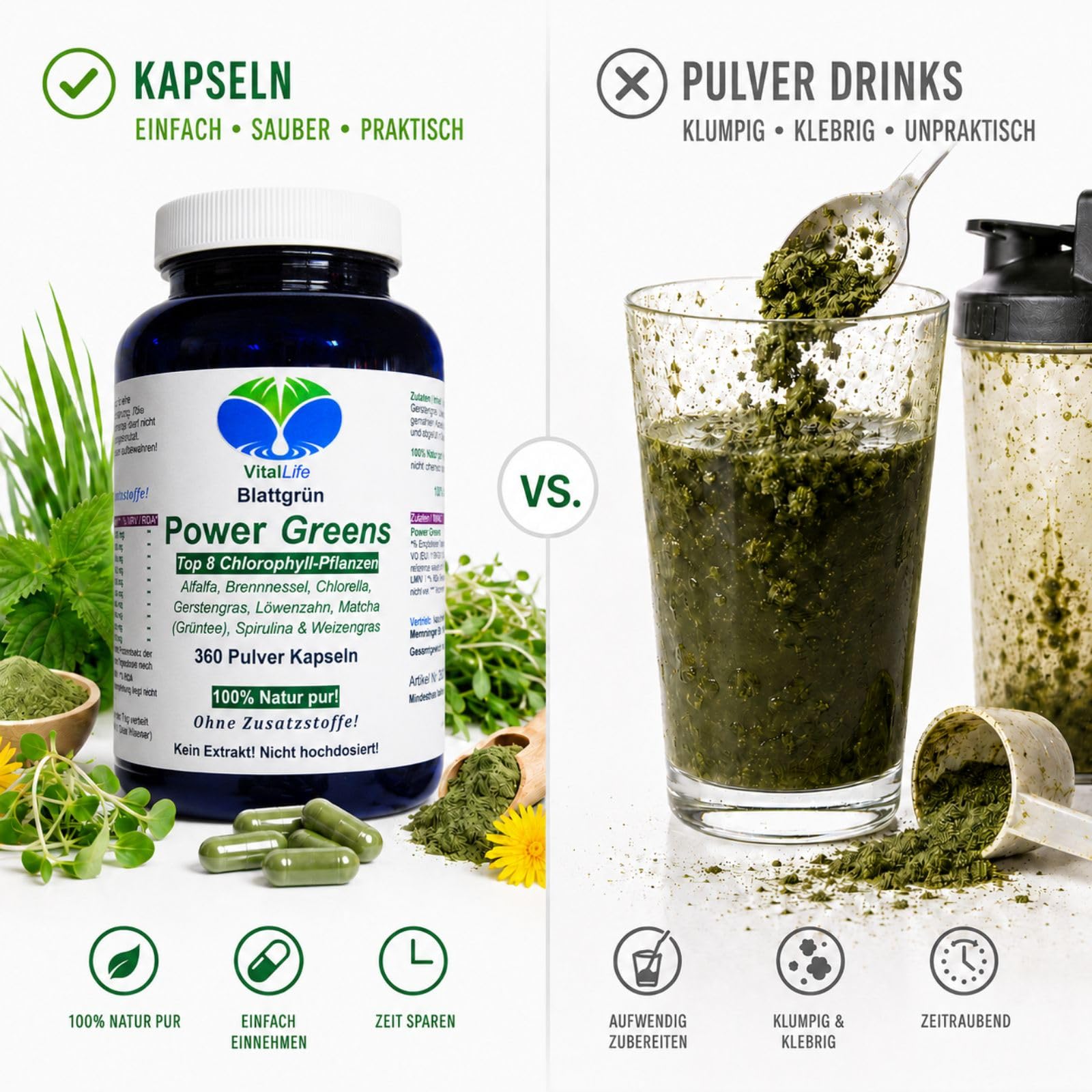 Green Power Greens Top8 Chlorophyll Supergreens 360 Pulver Kapseln mit Alfalfa Brennnessel Chlorella Gerstengras Löwenzahn Matcha Spirulina Weizengras. Natur pur. Ohne Zusatzstoffe. 26333-360