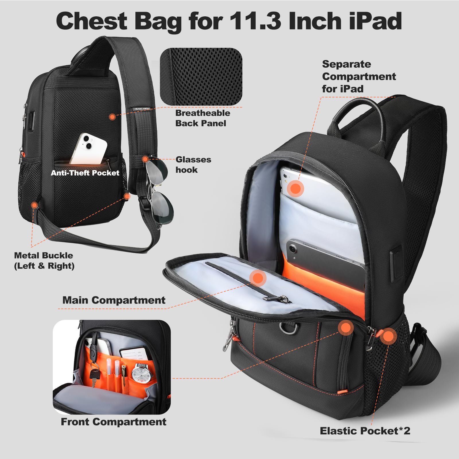 Bolso Bandolera Hombre y Mujer para iPad 11,3", Bolso Cruzado | Impermeable con Puerto USB, Mochila Bandolera de Tela Oxford 1680D Antirrobo, Ligera para Trabajo Viaje y Diario (10L Negro)