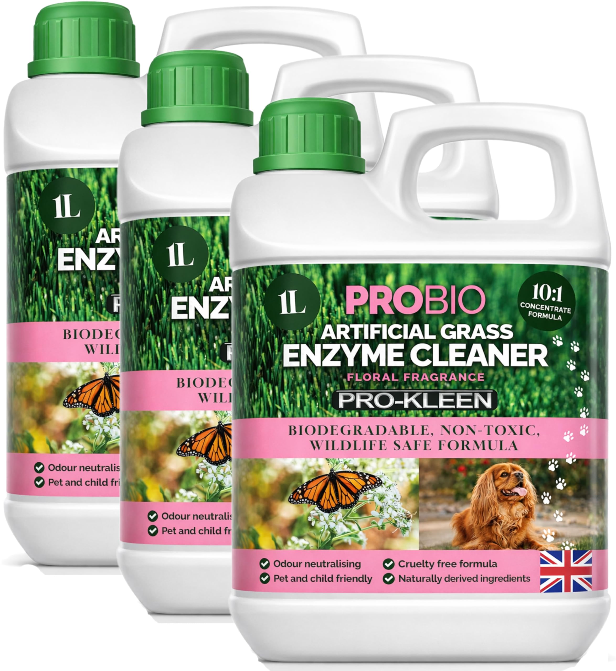 Pro-Kleen ProBio Artificial Grass Cleaner Probiotic Based Deodoriser Odour Eliminator 3 x 1L Non-Toxic Cruelty-free Child Pet Friendly - Floral Fragrance - Naturally derived Probiotic Cleaning