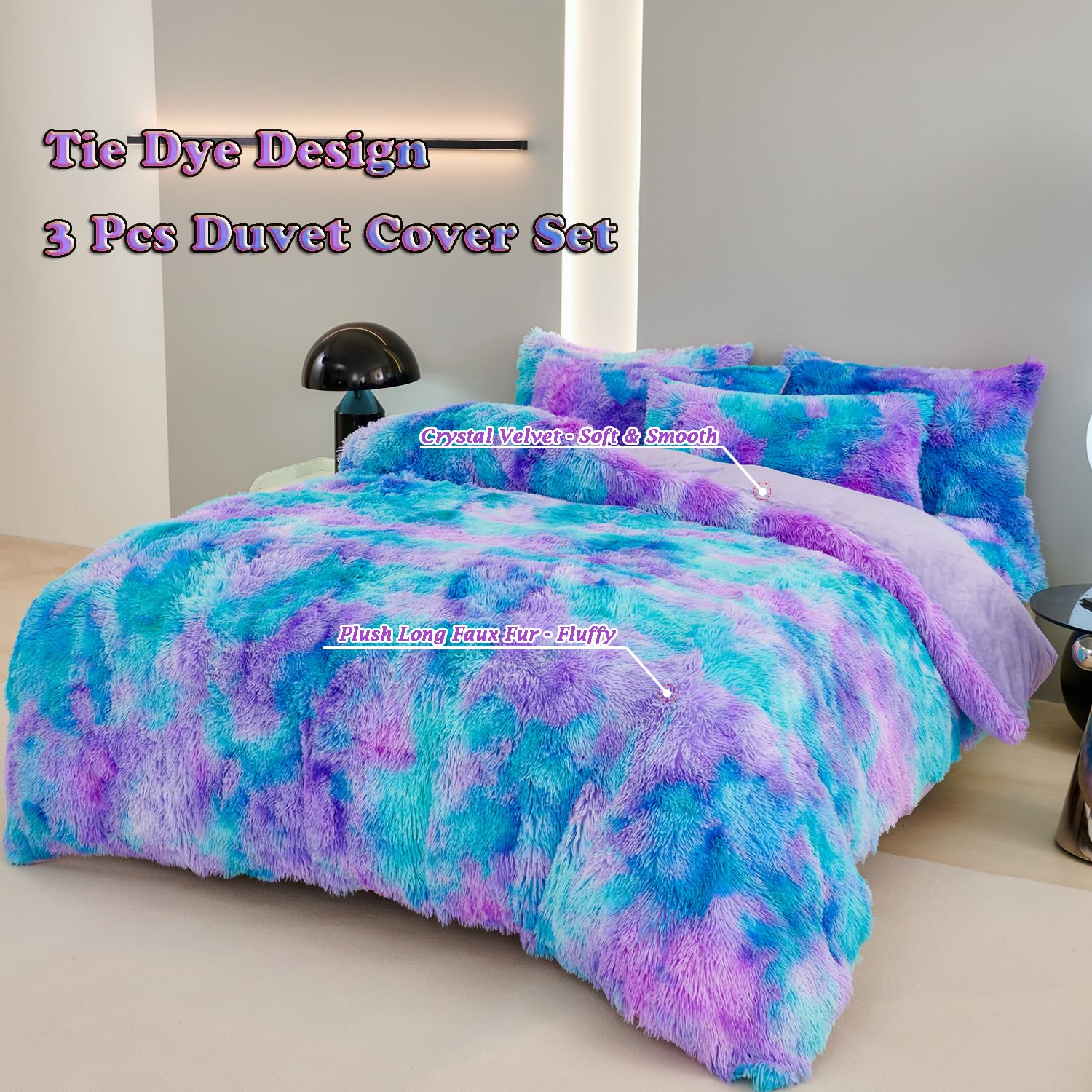 ZRNBAST Shaggy Duvet Cover Set Twin Size for Girls Boys Blue Purple Tie Dye Comforter Cover Set Faux Fur 3 PC Fluffy Soft Colorful Furry Bedding Set for All Season(Blue Purple,Twin)