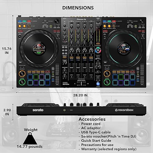 Miniatura 6 de Pioneer DJ DDJ-FLX10 Controlador profesional de DJ de 4 canales, paquete negro con funda de transporte, auriculares HDJ-CUE1, cable XLR y paño de