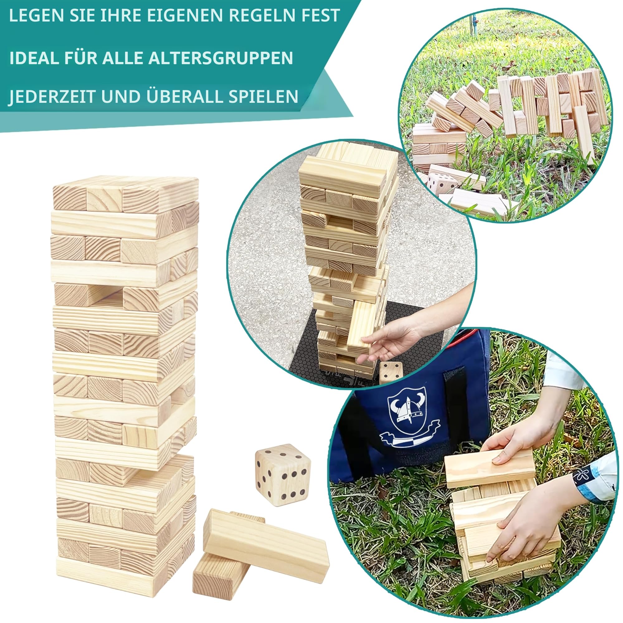 Jumbo Holz Trommelturm Spiel mit Würfel und Tragetasche, 54 Teile, Bausteine 60-150cm
