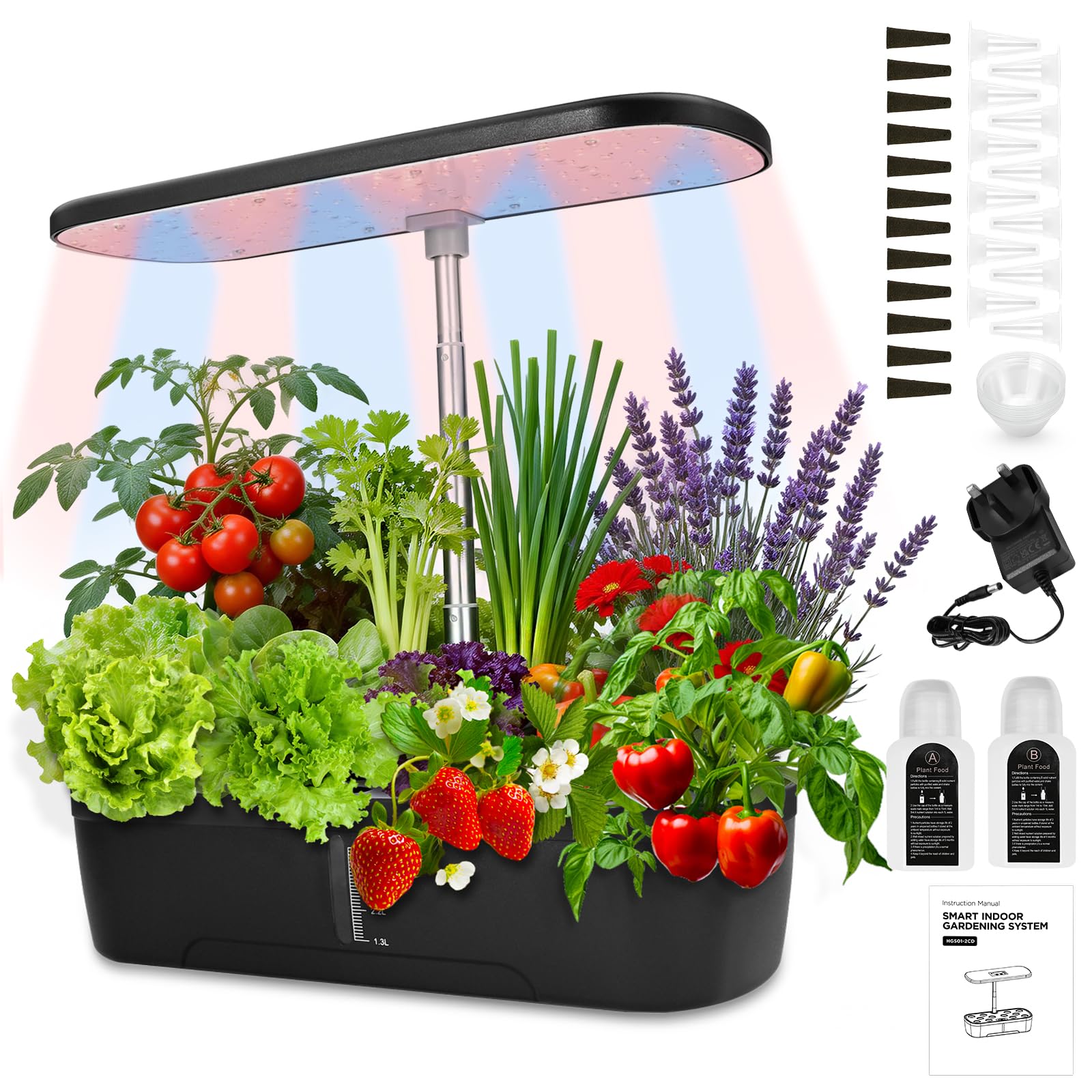 12-Pod Indoor Hydroponic Growing System with 20W Full Spectrum LED Grow Light, 4 L, Adjustable Height, Water Level Gauge, Timer, Vegetable & Fruit, and Automatic Watering for Herbs, Greens and Plants