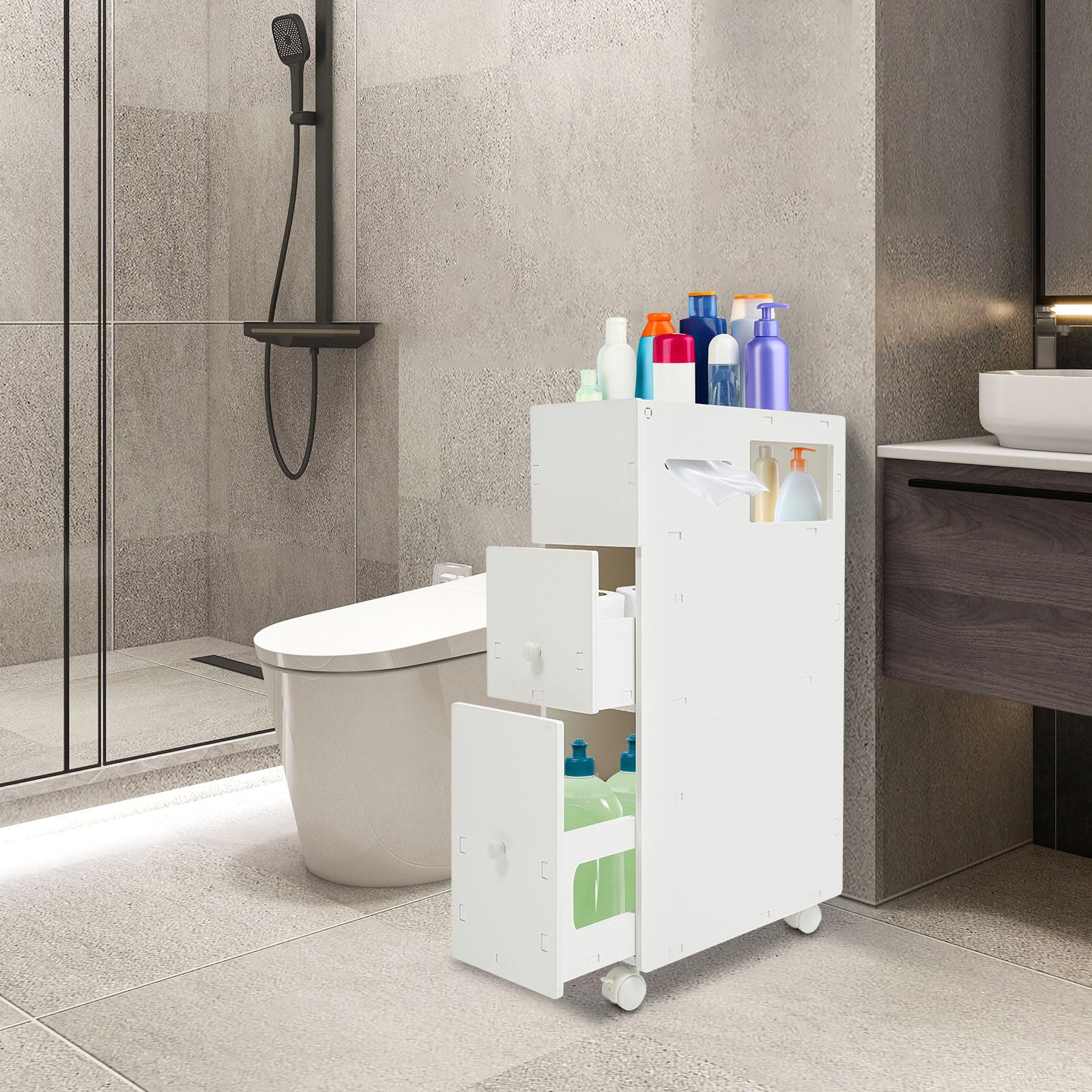 Armadio da bagno sottile larghezza 19,5 cm con 2 cassetti, 1 scomparti aperti e scatola per fazzoletti multiuso per cucina, bagno, 44 x 19,5 x 74 cm