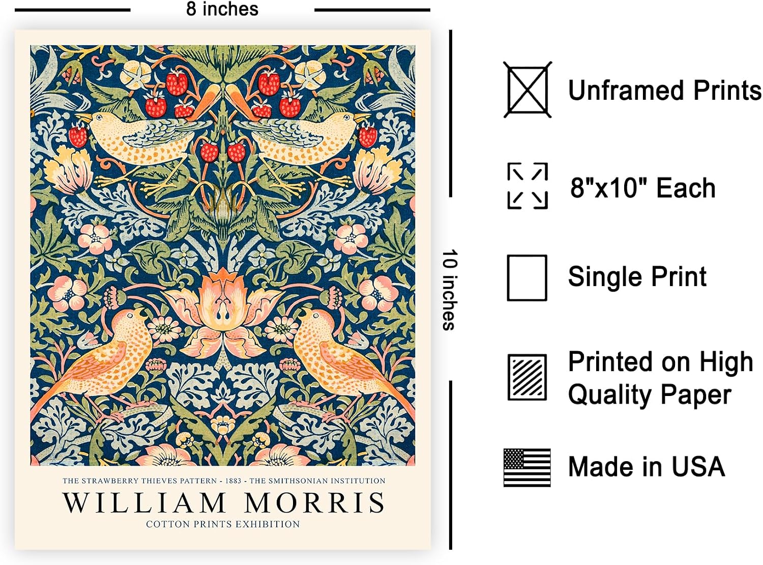 Poster Master Vintage William Morris Poster - Retro Strawberry Thief Print - Flower Art - Textile Pattern Art - Gift for Men & Women - Floral Decor for Living Room or Bedroom - 8x10 UNFRAMED Wall Art